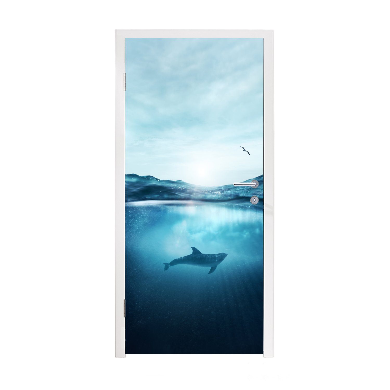 MuchoWow Türtapete Delfin - Meer - Vogel, Matt, bedruckt, (1 St), Selbstklebende Tapete, Folie für Möbel, 75x205 cm