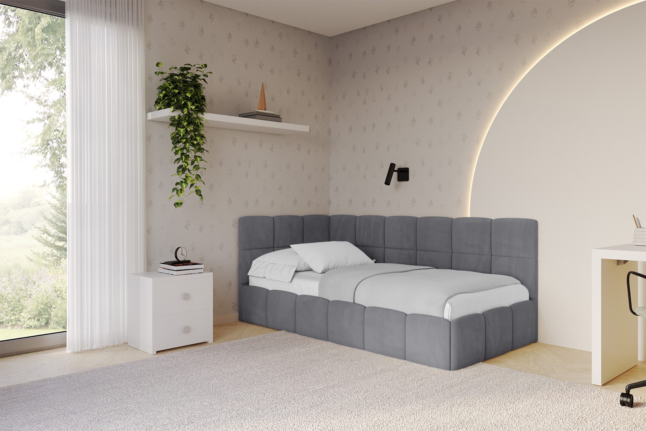 ALTDECOR Jugendbett LIVY (Jugendbett mit Bettkasten und Lattenrost, Polsterbett ohne Matratze), Einzelbett mit Stauraum, Bett mit Kopfteil