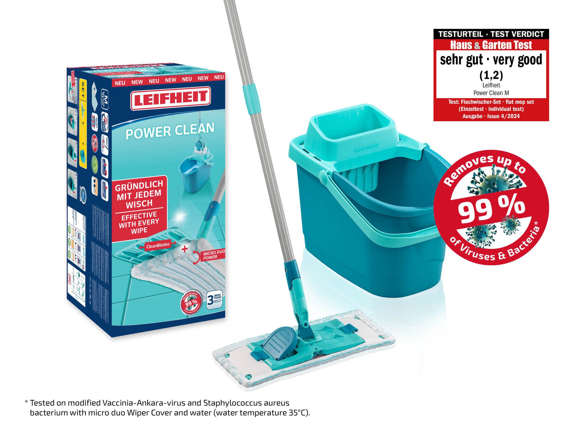 Leifheit Bodenwischer-Set Set POWER CLEAN, (5-St), Arbeitslänge 148cm, waschbarer Bezug, Wischbreite 33cm