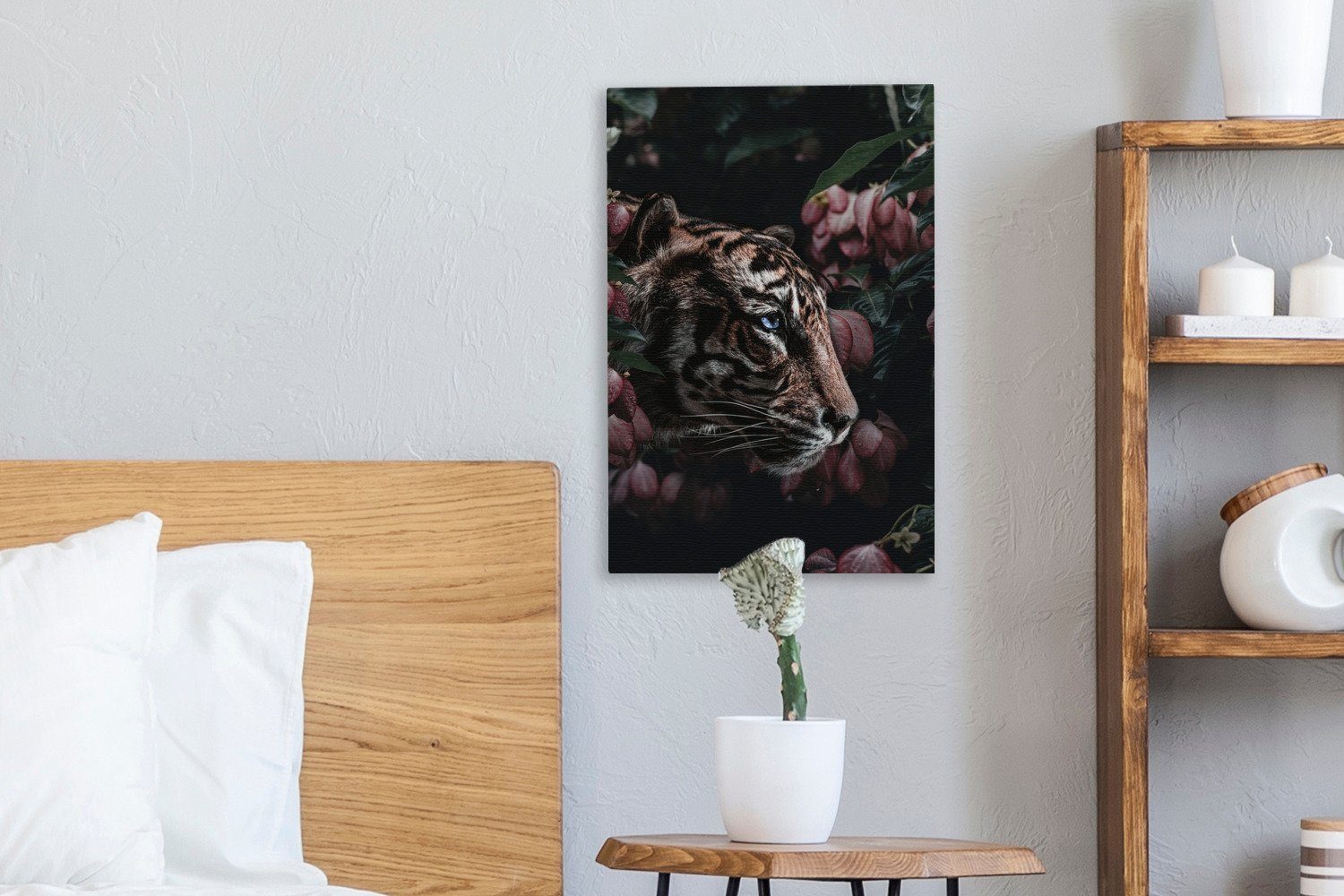 Leinwandbild Gemälde, - Zackenaufhänger, cm inkl. - 20x30 St), Rosa Blumen, (1 Tiger fertig Leinwandbild bespannt OneMillionCanvasses®