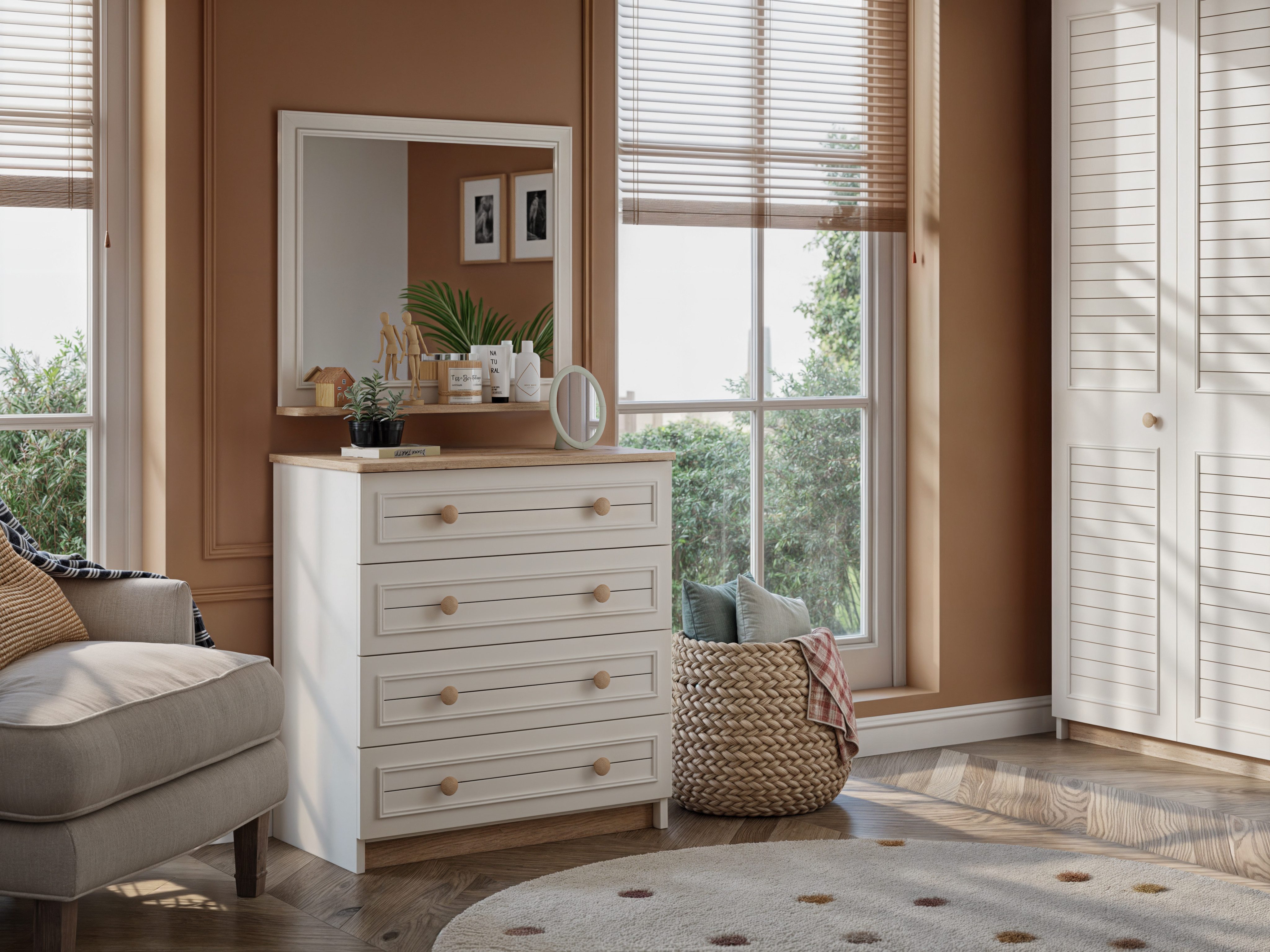 Möbel-Zeit Kommode POLO Spiegel Set – Landhausstil – Weiß/Natur – 4 Schubladen