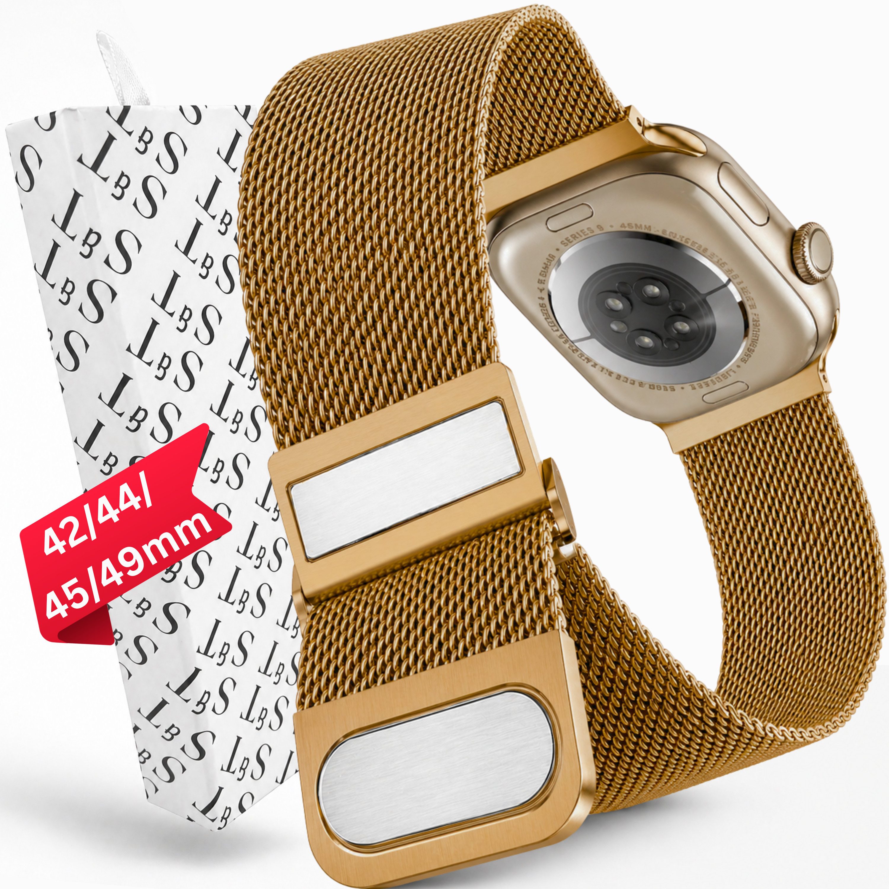 S&T Design Smartwatch-Armband Armband Edelstahl für Apple Watch Doppel Magnetischer Mesh Milanaise, Kompatibel mit Apple Watch 38 / 40 / 41/ 42 / 44 / 45 / 46 / 49 Metall