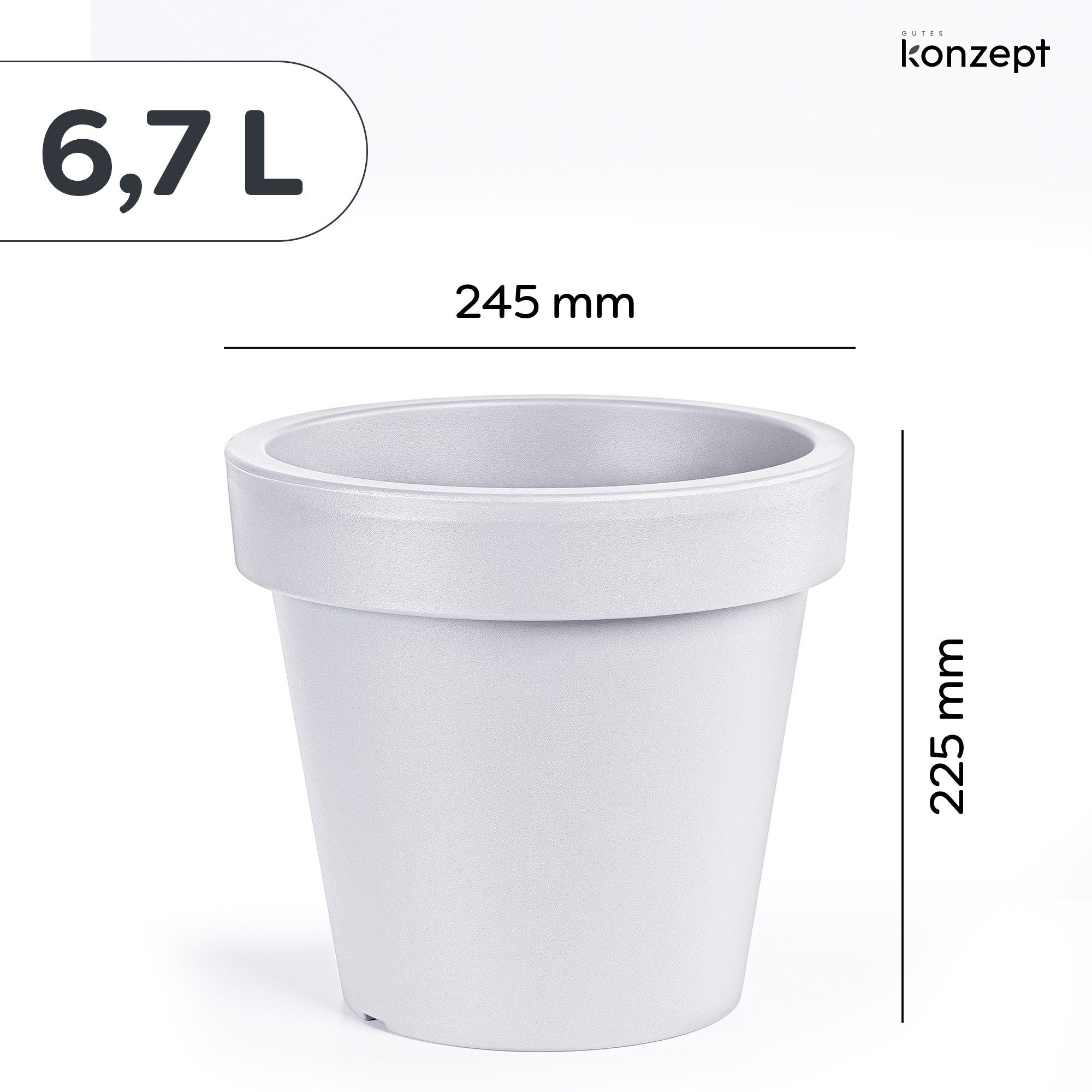 KONZEPT Blumentopf aus Kunststoff in klassisch-konischer Form, 25 cm Durchmesser, 6,7 L, Geprägtem Rand, Konische Form, Stapelbar, Volumen: 6,7 L