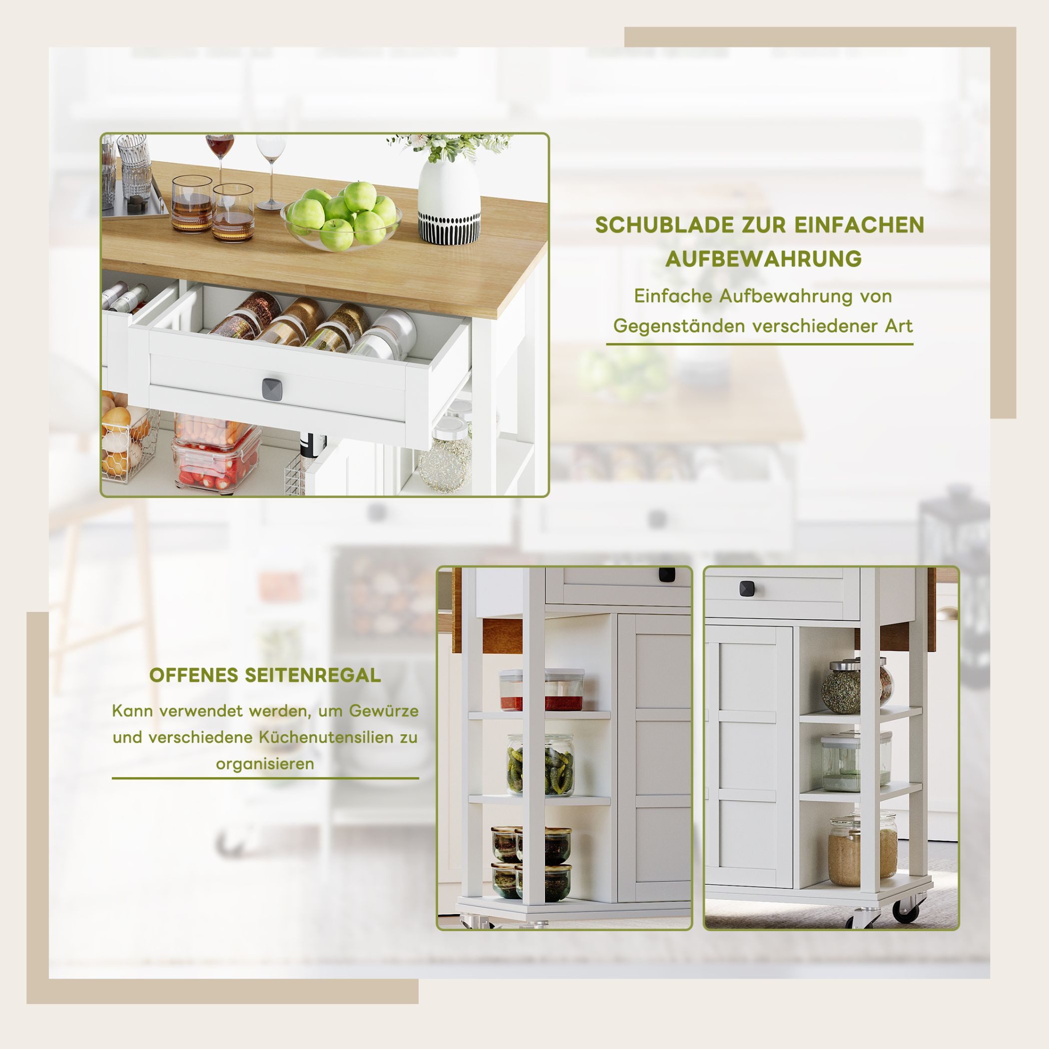 SeedWave Kücheninsel mit klappbarer 65 cm Arbeitsplatte, 2 großen Schubladen, 150 L Schrank, Multifunktionale, offenen Seitenfächern