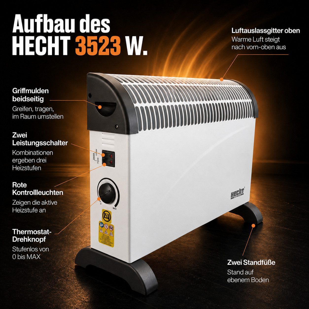 Hecht Konvektor Elektro Heizung 750-2000W 30m³ mit Standfüßen, stufenloses Thermostat, 2000 W, Tragegriff, 220-240V, 2,5kg, IP20, 3 Leistungsstufen – Bild 5 von 5