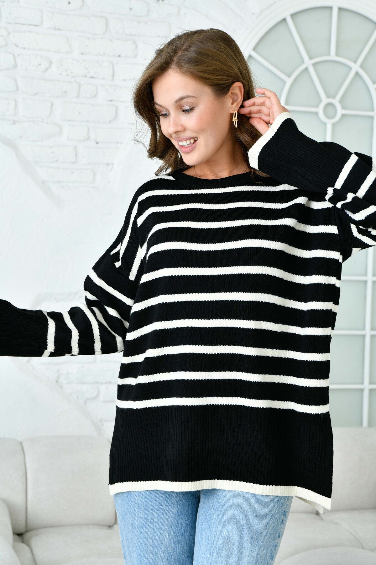 WOMAN VISION Sweater Oversize-Pullover mit Schlitz, Rundhalsausschnitt, Streifenmuster, lan