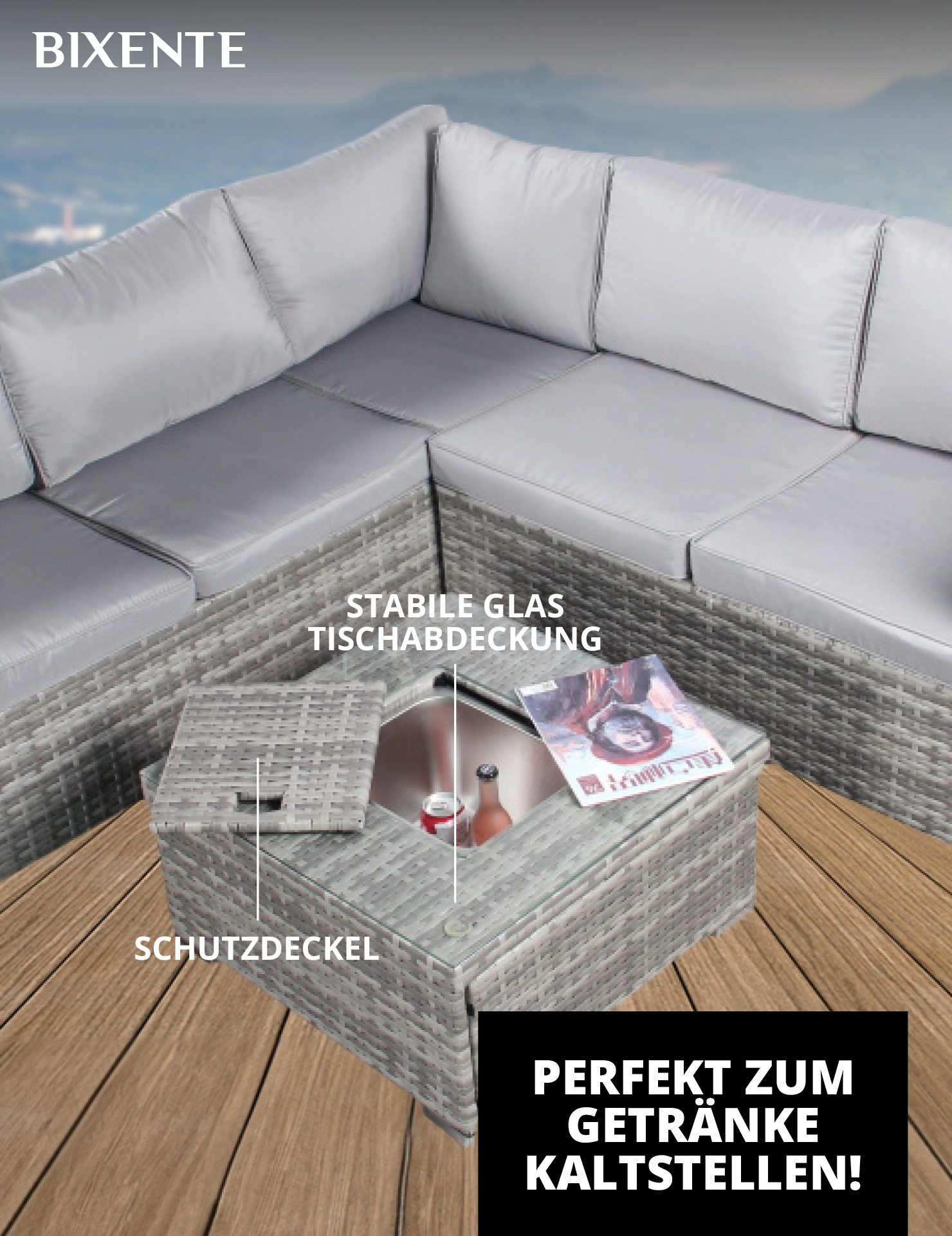 BIXENTE Gartenlounge-Set Polyrattan Garten-Lounge 5-Sitzer, mit Tisch, Auflagen und Eisfach