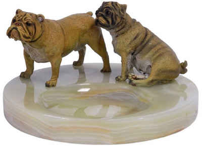Casa Padrino Aschenbecher Luxus Aschenbecher mit Bronzefiguren Mehrfarbig Ø 19,9 x H. 10,7 cm - Onyx Naturstein Aschenbecher mit 2 dekorativen Bronze Hunden