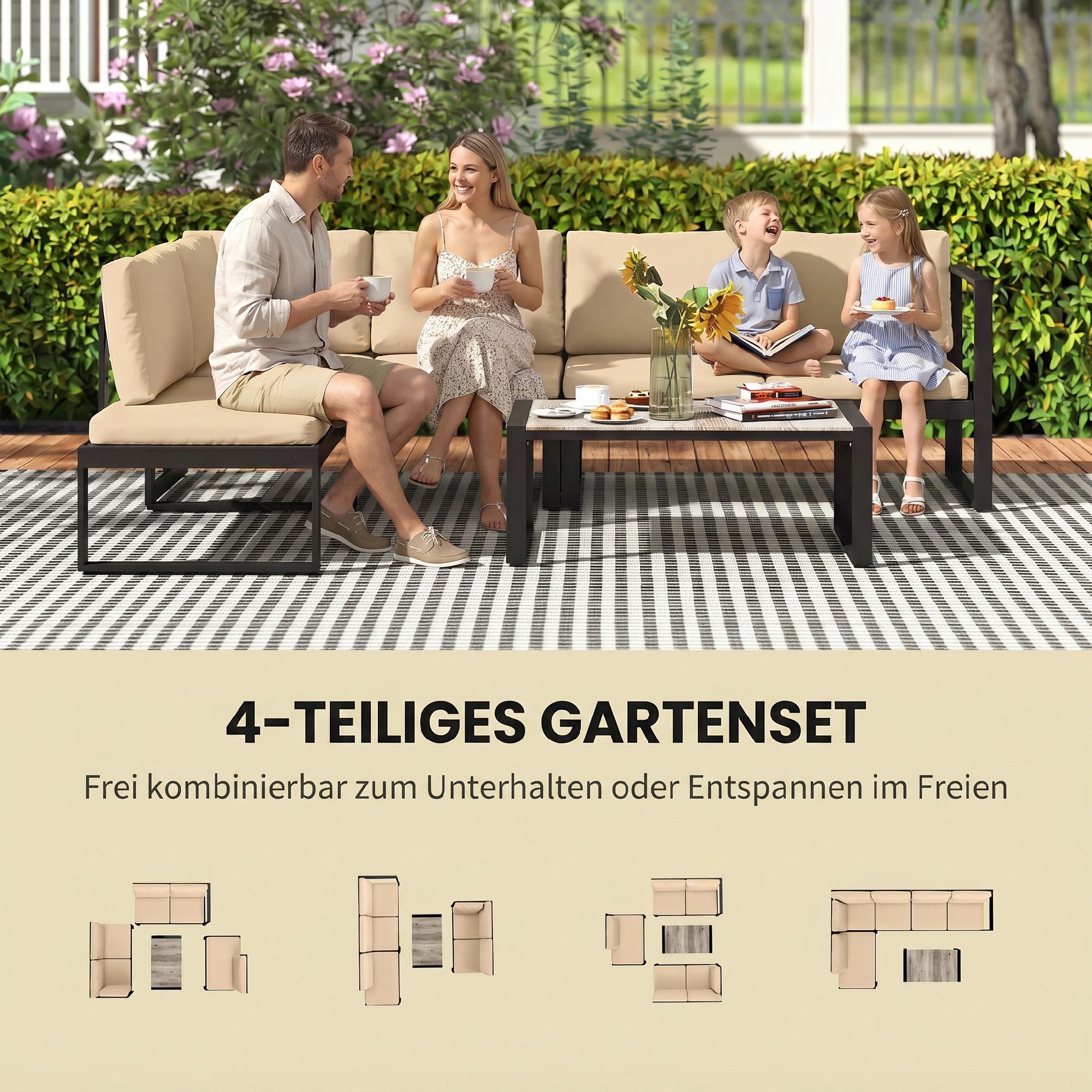 Outsunny Sitzgruppe Gartenmöbel wetterfest Balkonmöbel mit Couchtisch Khaki, (Set, 4-tlg., Sofa-Set), Modulares 4-teiliges Gartenlounge-Set – Bild 4 von 5