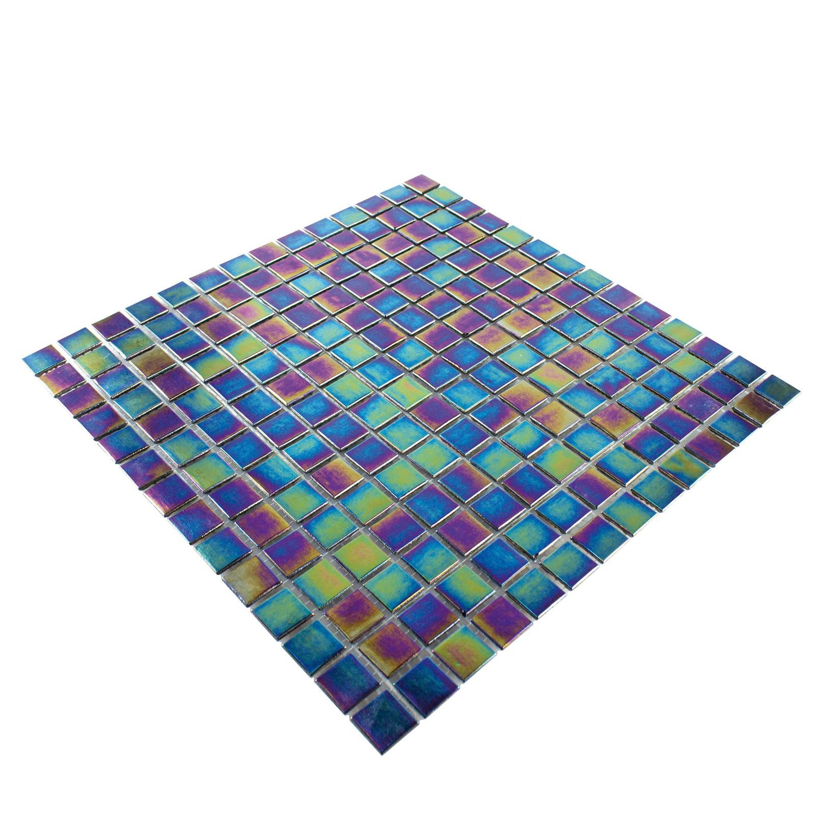 Mosafil Mosaikfliesen Glasmosaik Williams Perlmutt Effekt Grün Schwarz, Glas 30.500x30.500, schwarz-grün-lila, Verlegefertig auf ein Netz geklebt - Frostsicher - Wasserfest