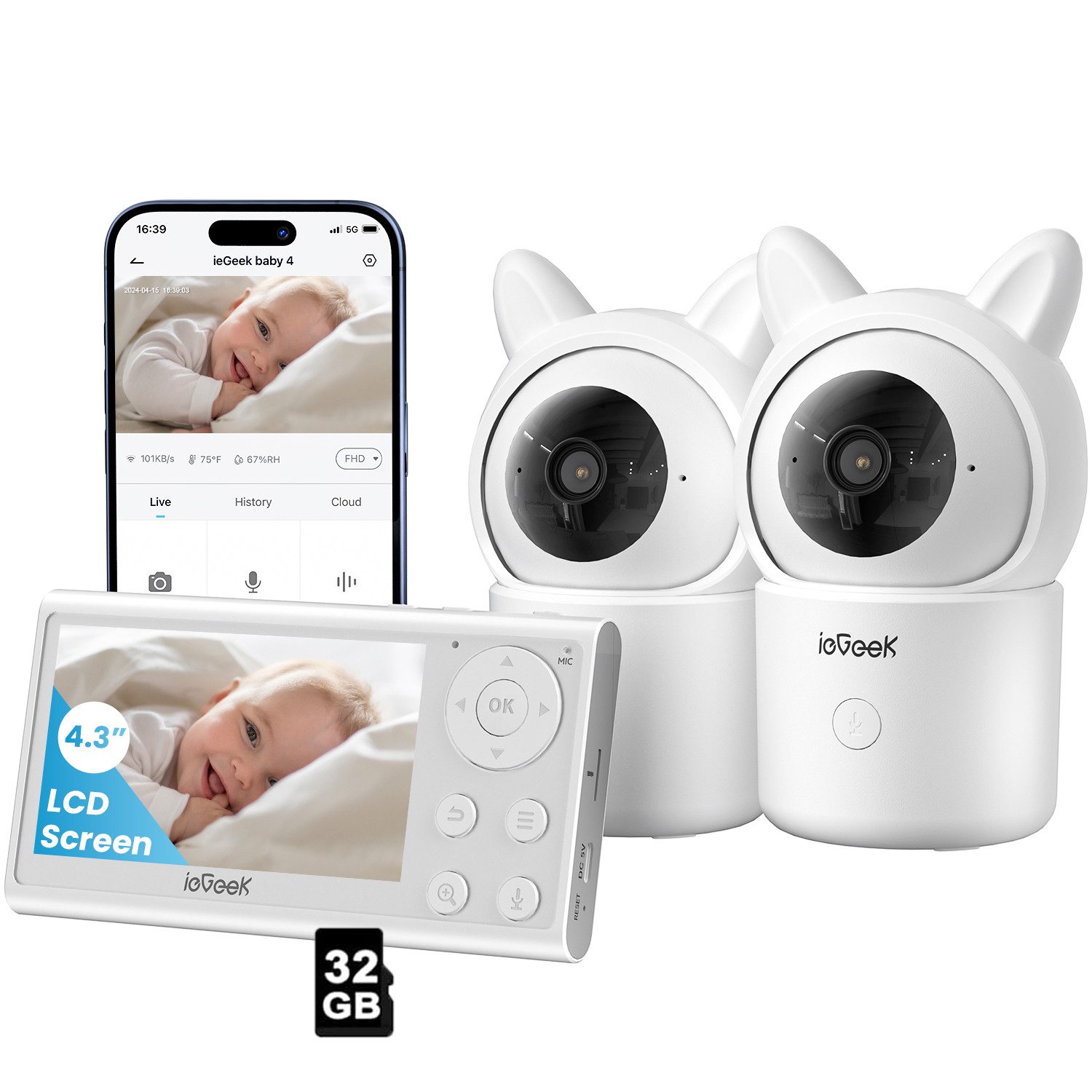 Babyphone Babyphone mit 2 Kamera und APP 1080P 4.3 Zoll WLAN Video Babyfon