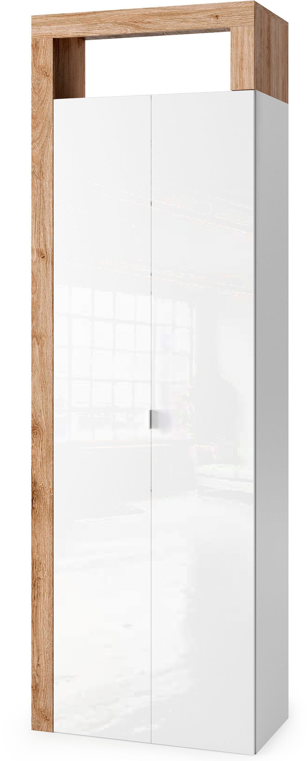 welltime Hochschrank Hamburg Höhe 195 cm, Breite 64 cm, Badezimmerschrank mit 2 Türen, dekorativer Rahmen, offenes Fach, Metallgriff, viel Stauraum