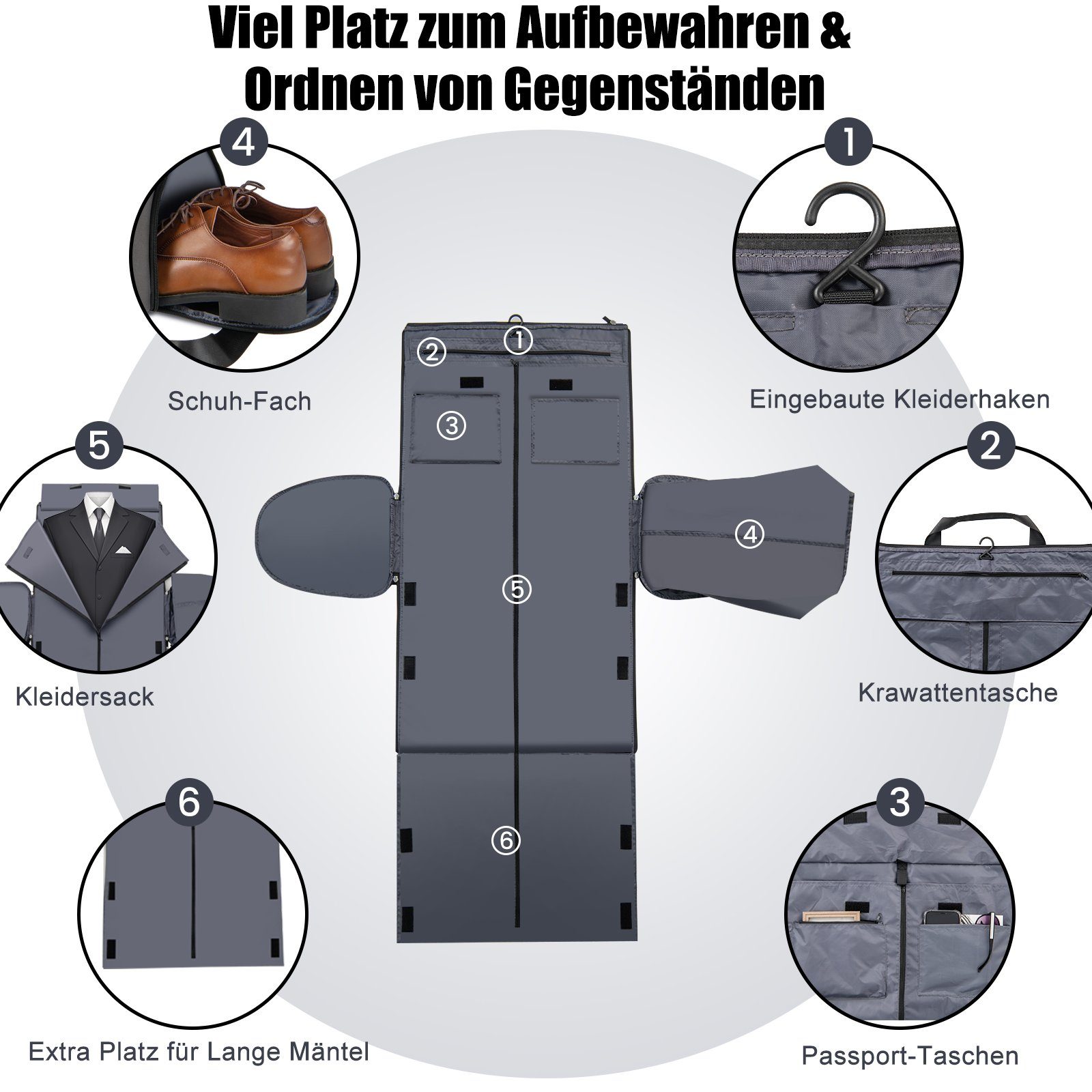 Reisetasche, mit Schuhfach Kleidersack, COSTWAY 2in1 & 50L, Dunkelgrau Schultergurt