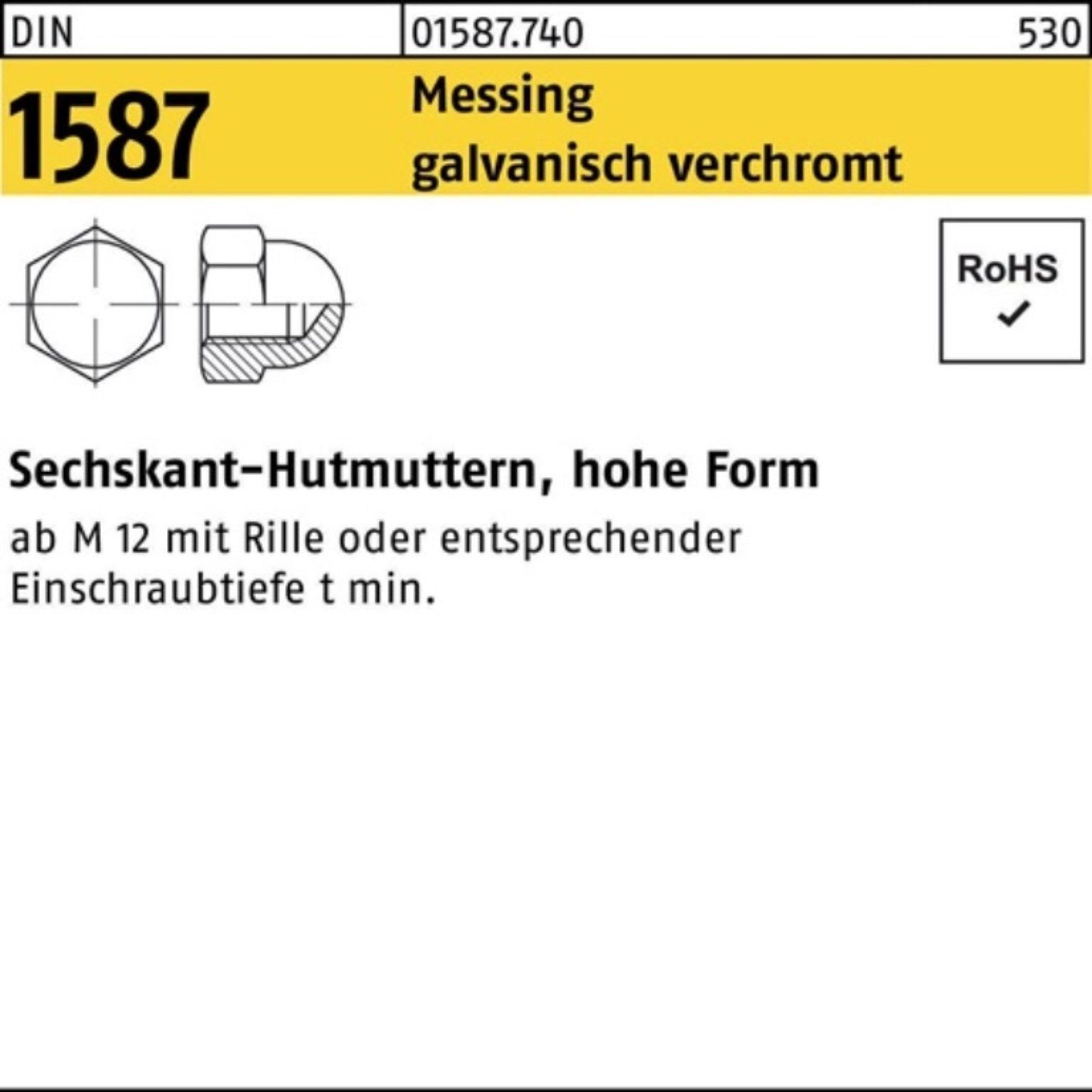 Reyher Hutmutter 100er Pack Sechskanthutmutter DIN 1587 M10 SW 17 Messing galv. verchro