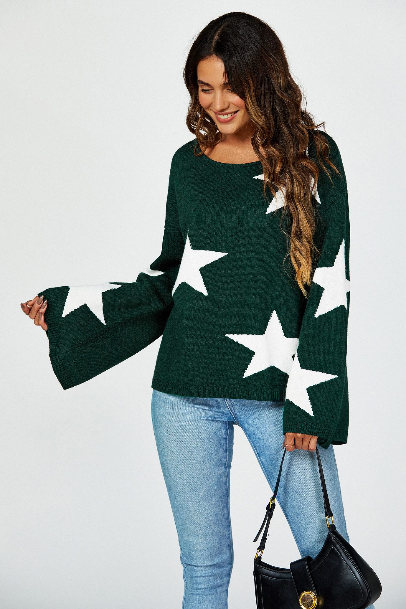 FS Collection Strickpullover Oversize Pullover mit weiten Ärmeln und Stern – Strickwaren (Einheitsgröße: UK 8–12 / EU 36–40, 5 Farben : Grau, Schwarz, Creme, Rot, Dunkelgrün) 100 % Acryl