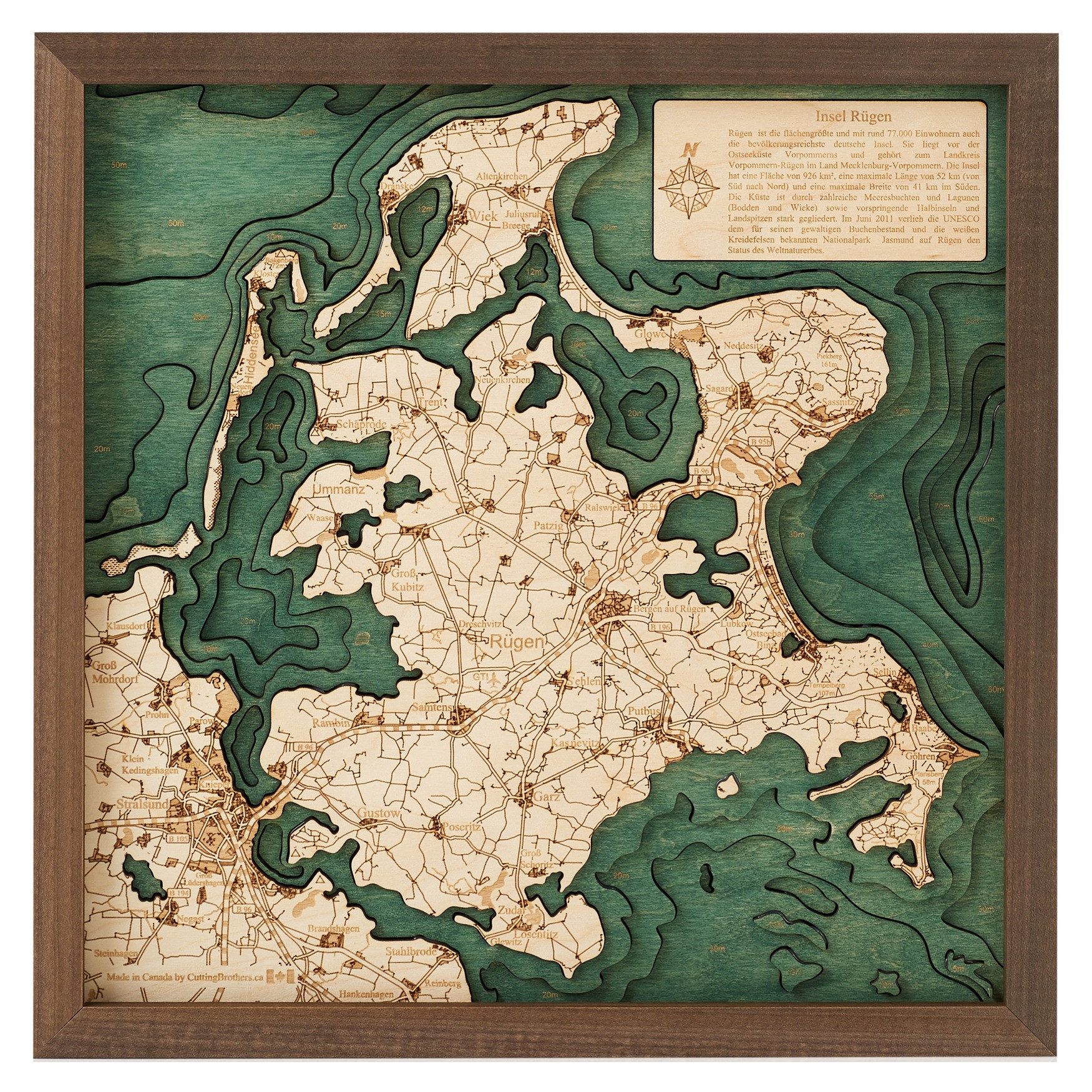 Cutting Brothers Holzbild Rügen 35x35 cm, 3D Holz-Wandkarte, handgefertigt aus Echtholz