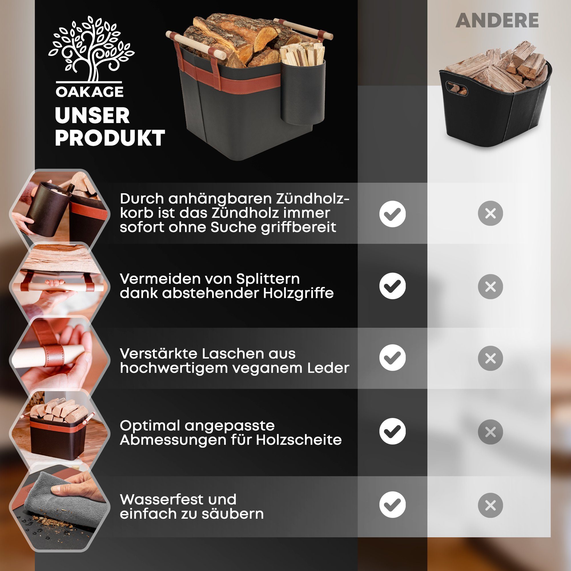 OAKAGE Kaminholzkorb Holzkorb für Kaminholz Groß aus veganem Leder Feuerhol günstig online kaufen