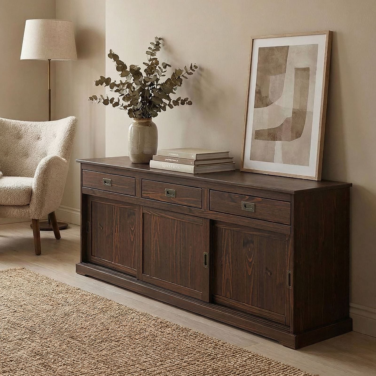 IDIMEX Sideboard SAVONA, Kommodenschrank mit 3 Schubladen und Türen aus Holzoptik nussbaum