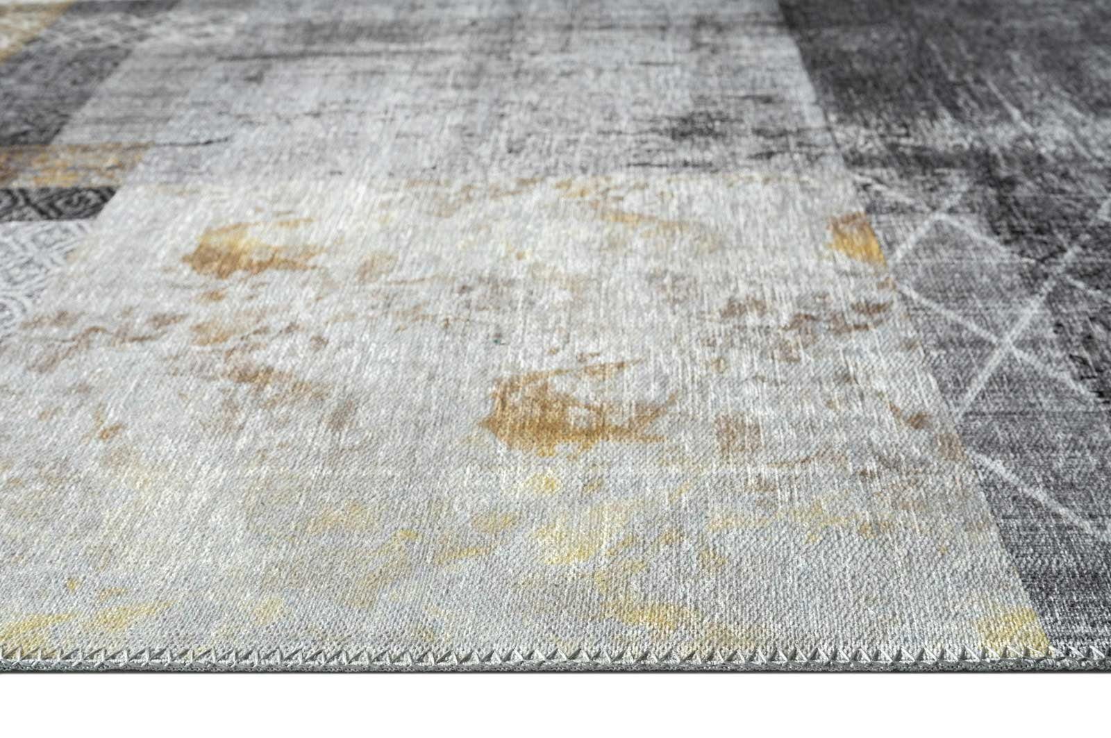 Odessa 080x150 Teppich goldfarben grau Patchwork Design Höhe: gold mm, Schlafzimmer rechteckig, Flachgewebe TaraCarpet, 1 waschbar, Wohnzimmer Vintage Teppich Esszimmer
