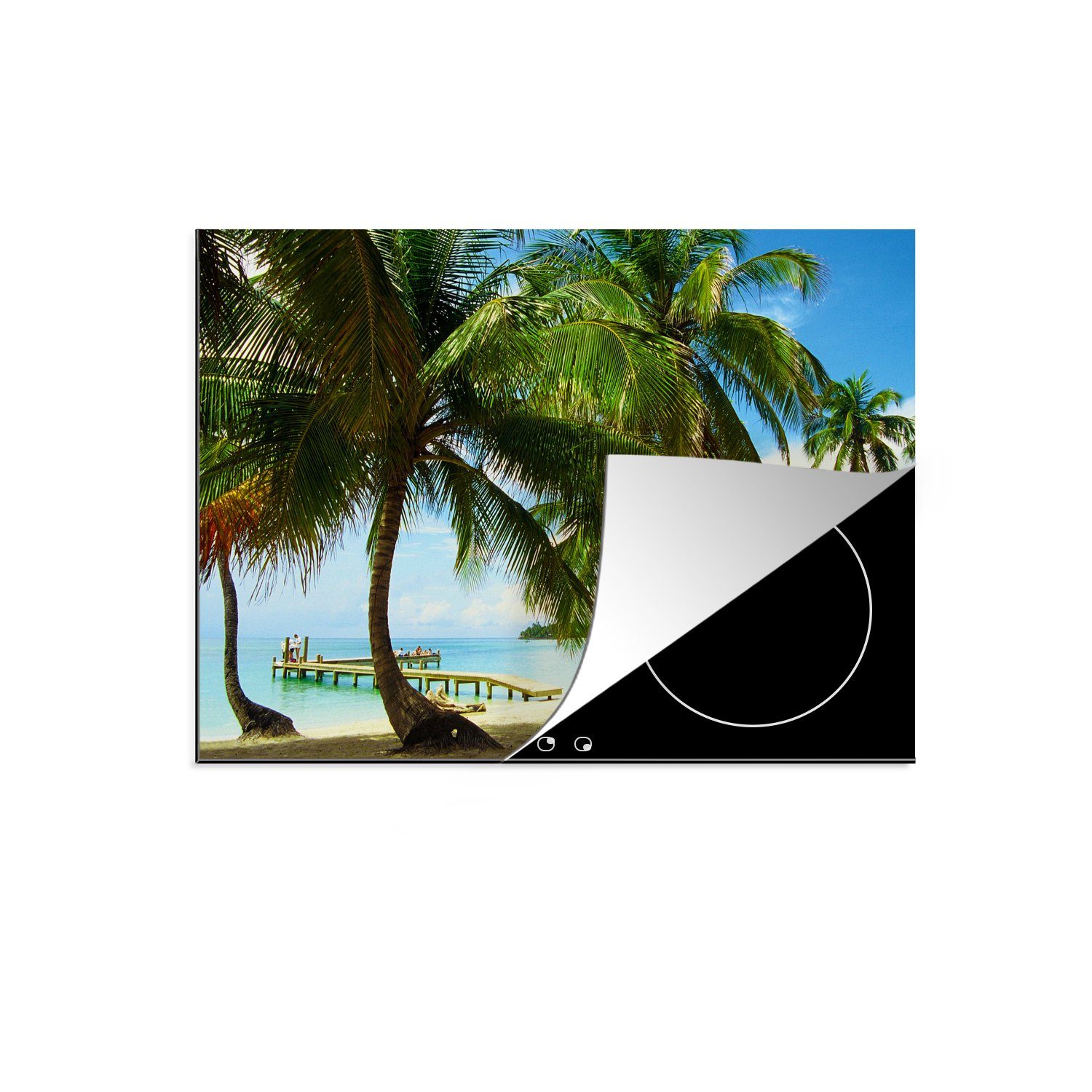 MuchoWow Herdblende-/Abdeckplatte Palmen an einem strahlend weißen Strand auf den Bay Islands in, Vinyl, (1 tlg), 70x52 cm, Mobile Arbeitsfläche nutzbar, Ceranfeldabdeckung