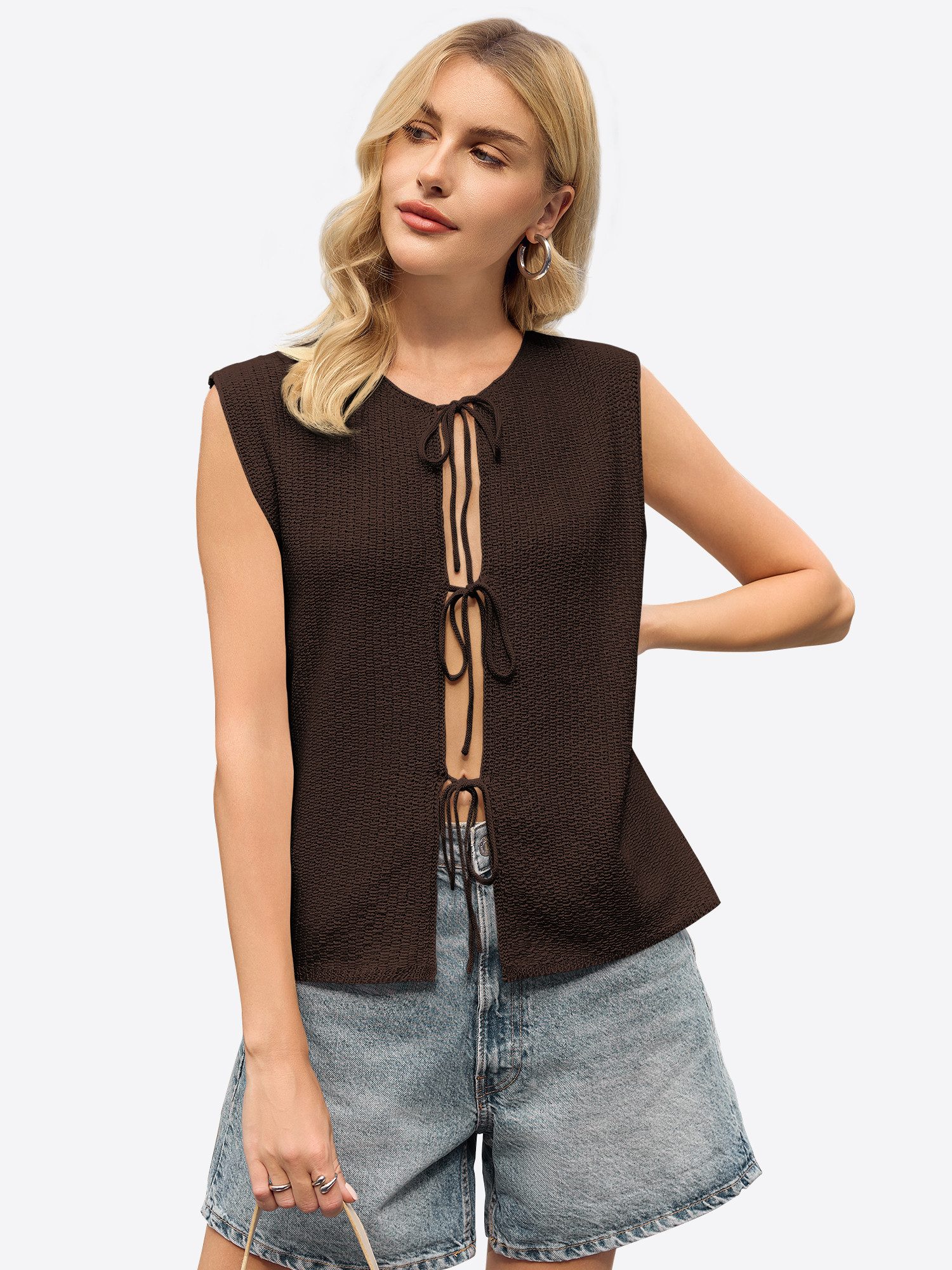 Imily Bela Strickweste Damen Ärmellos mit Bindebändern für Sommer Strandlook (Packung, 1-tlg., 1per-Pack) gehäkelt in Unifarbe