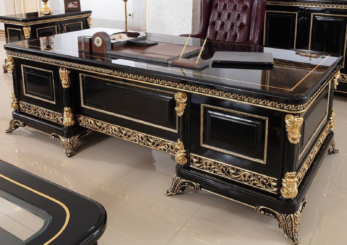 Casa Padrino Schreibtisch Luxus Barock Schreibtisch Schwarz / Gold - Prunkvoller Massivholz Bürotisch - Barock Büromöbel - Edel & Prunkvoll