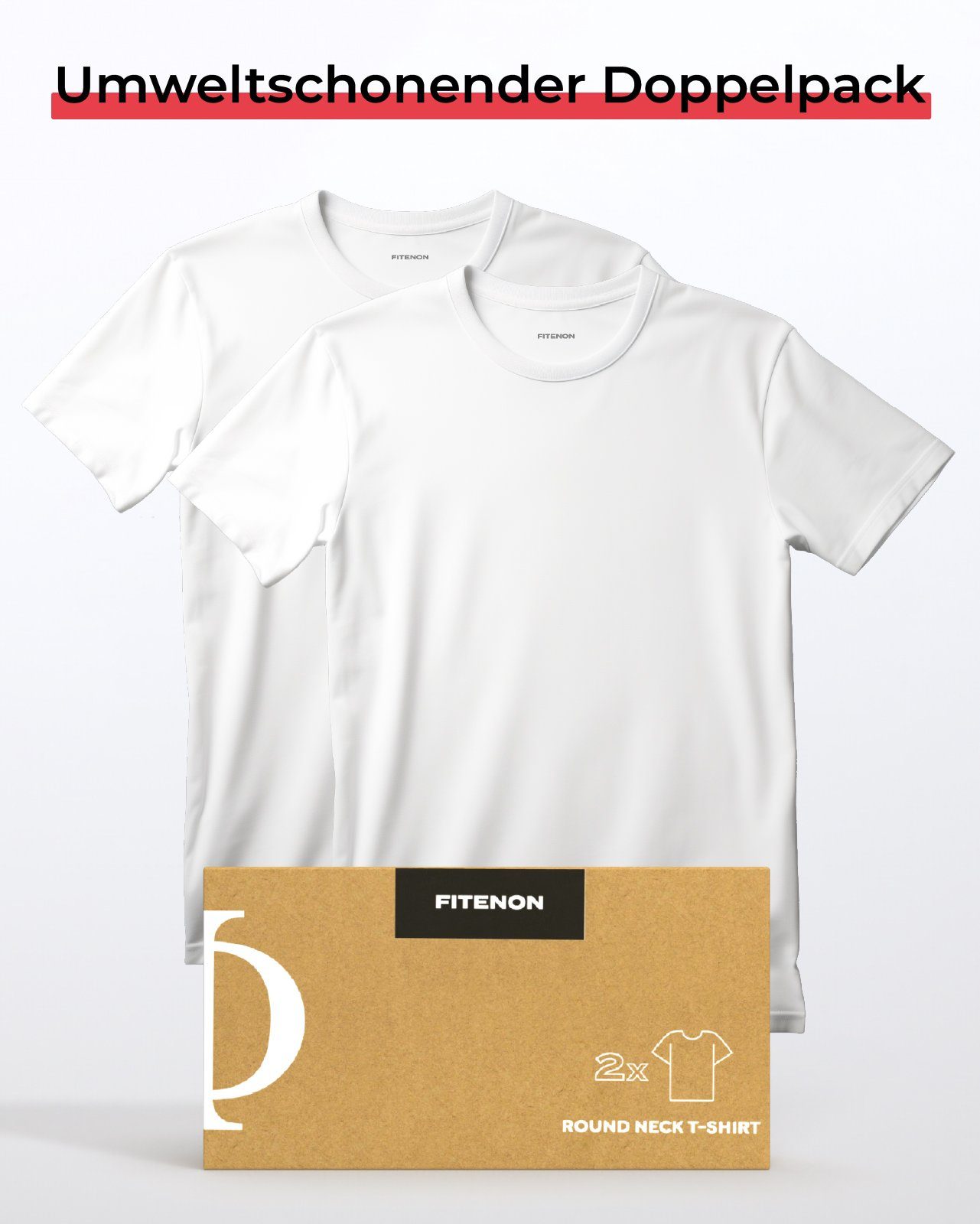 Rundhalsshirt Etiketten, Weiß Doppelpack) ohne kratzende FITENON (umweltschonender Slim Fit, klassischer Anti-Loch-Garantie