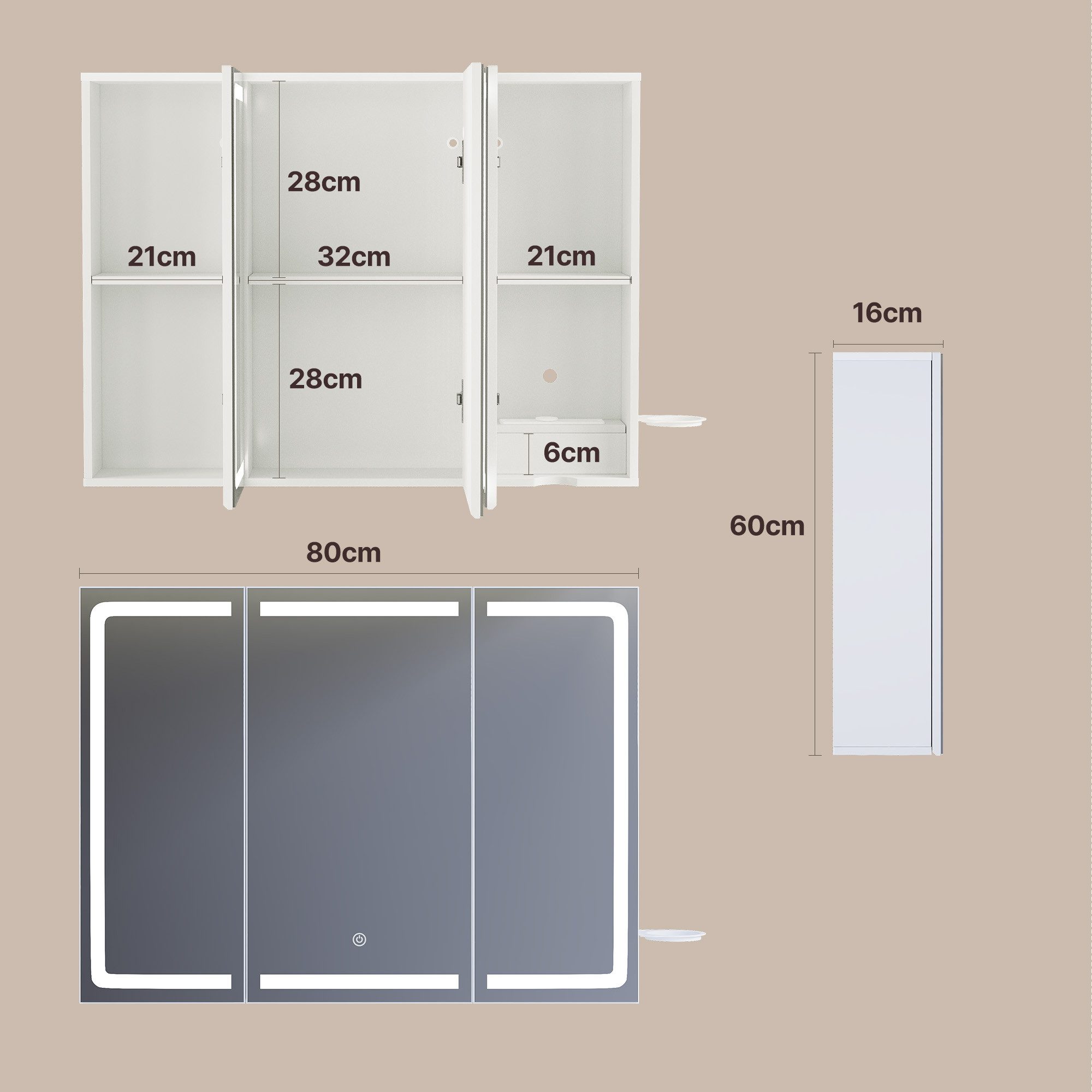 Bealife Spiegelschrank Badezimmerschrank mit LED-Beleuchtung, B:80/100/120CM mit Haartrockner-Halter