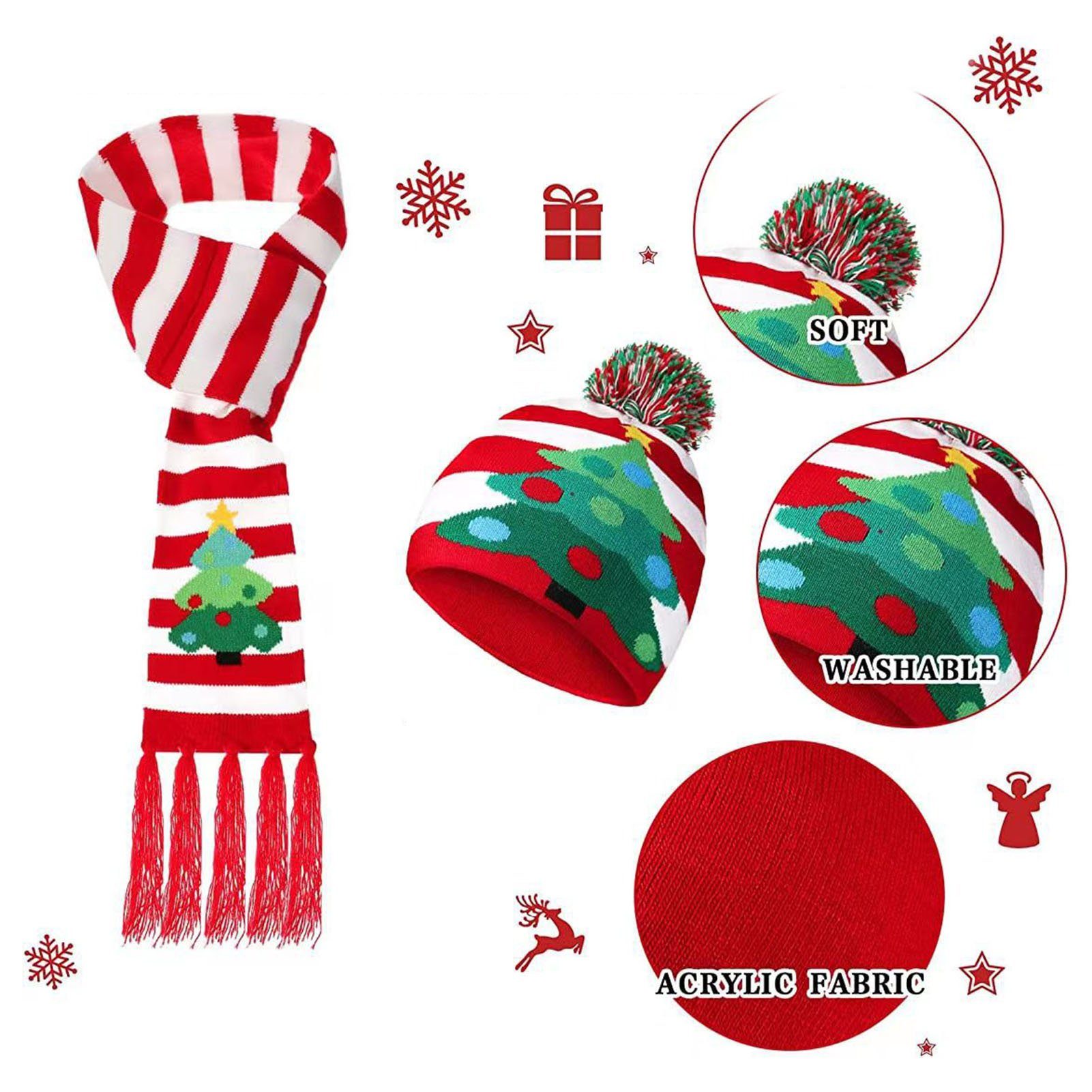 5 (Schneeflocke/Weihnachtsmann/Elch/Weihnachtsbaum/Druck Schal Mütze LED-beleuchtetes und Schal Unisex) Weihnachtsmützen Rot Rutaqian Stile, Set Quasten-Schal-Mütze-Set, &