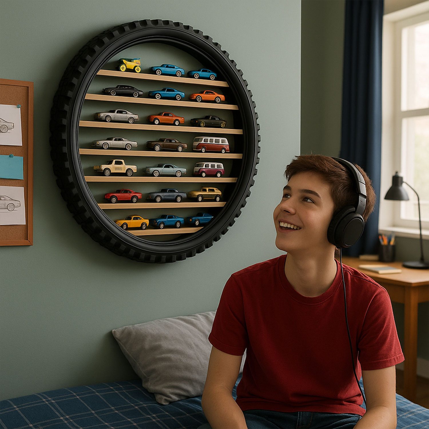 Jungengel Sammlerauto Wandregal Reifen Holz für Spielzeugautos Sammlerkasten Auto Regal Deko, (1-tlg., 1-tlg. Set bestehend aus einem handgefertigten Wandregal), Platz für ca. 30–50 Spielzeugautos, Platz für ca. 30–50 Spielzeugautos