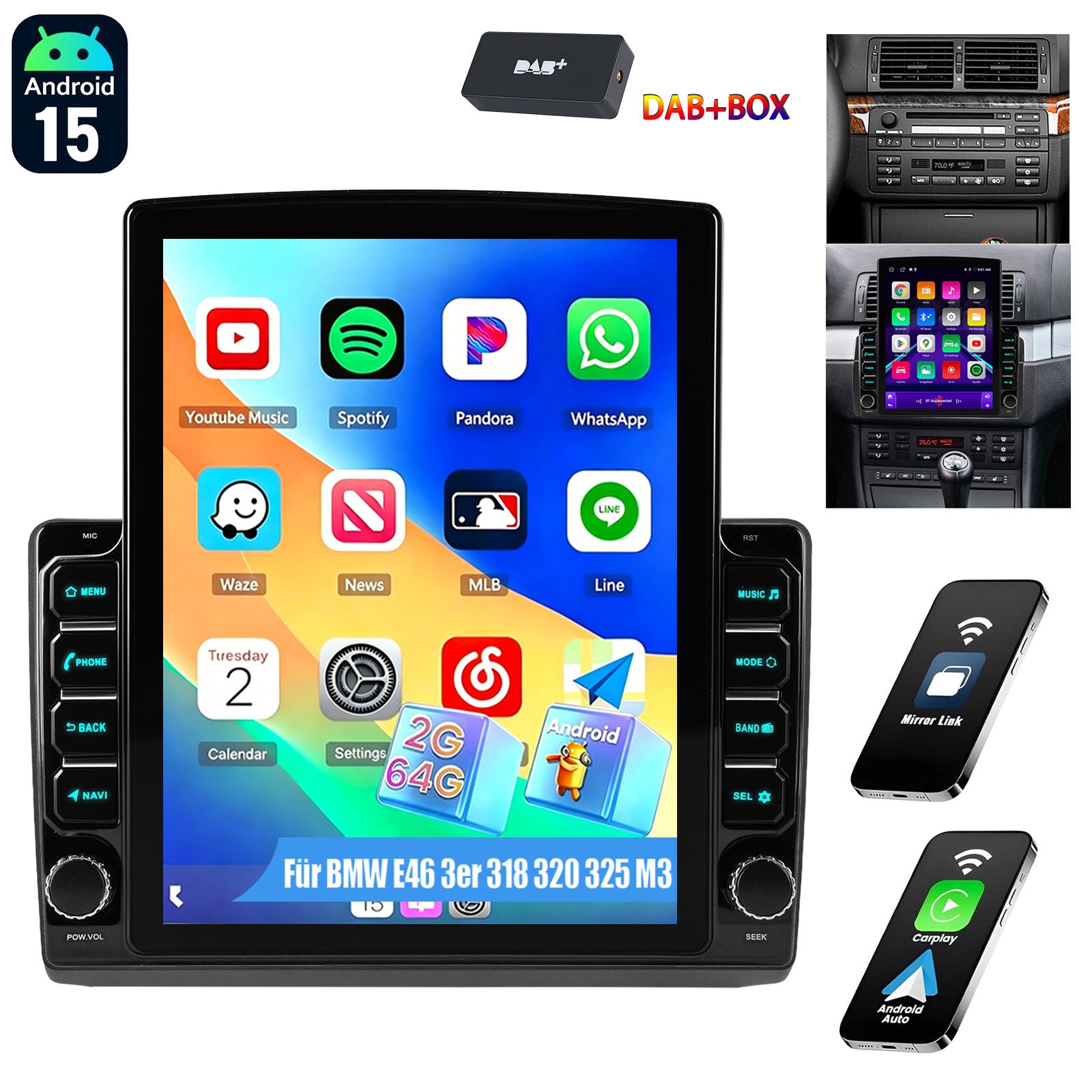 ESSGOO 9.7'' Carplay Für BMW E46 3er 318 320 325 M3 Autoradio Android 15 GPS Autoradio (RDS, 4+64GB(optional), Digitalradio (DAB), FM, USB- und Type-C, Carplay Android Auto Bluetooth EQ USB GPS Navi WIFI Touchscreen)