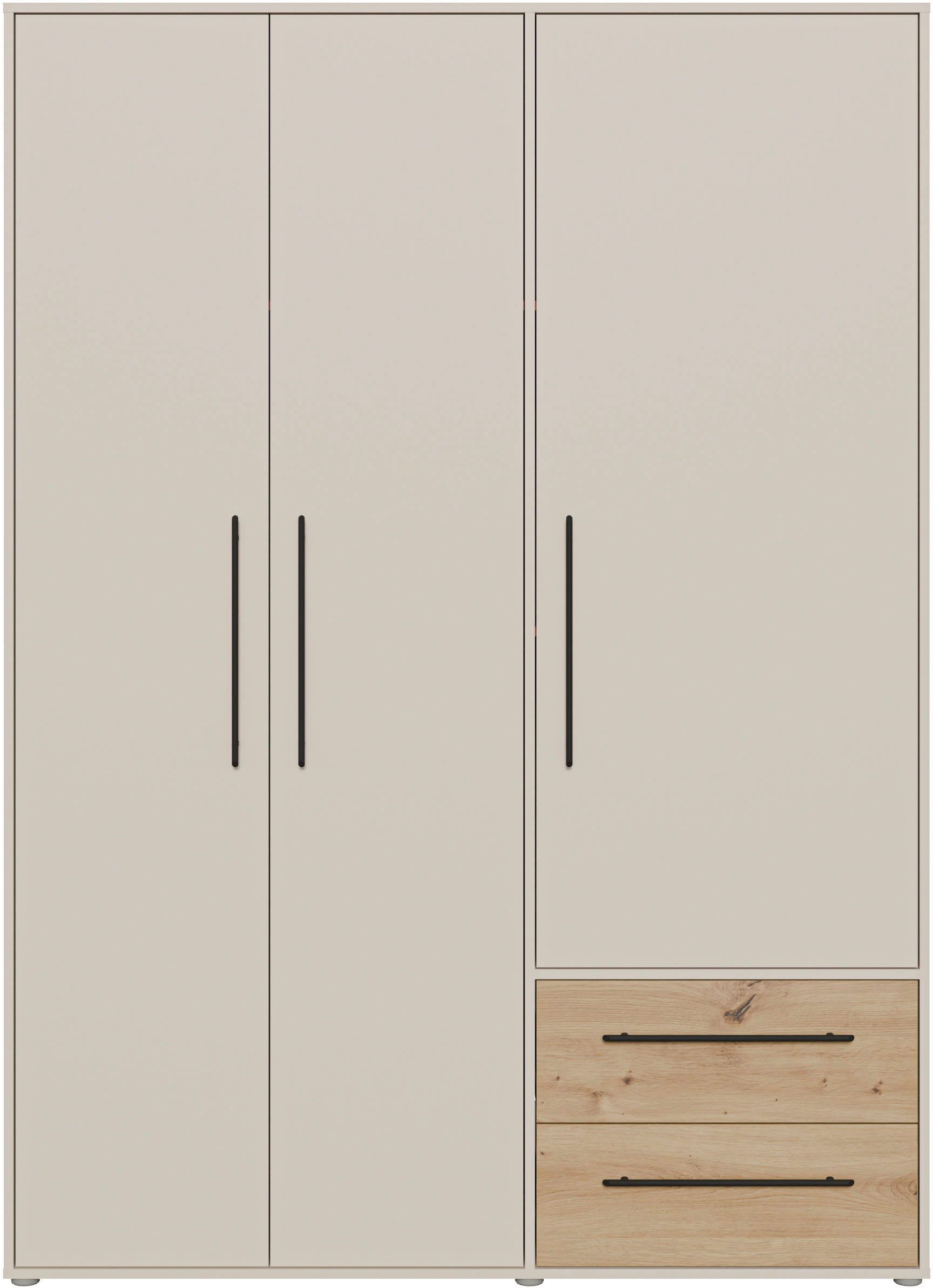 FORTE Kleiderschrank Mokkaris, Garderobe, zeitloses Design, 3 Türen, Made in Europe (B/H/T ca. 144x200x59cm) Zwei Schubladen, schwarze Stangengriffe, Stauraum, auch in Schwarz
