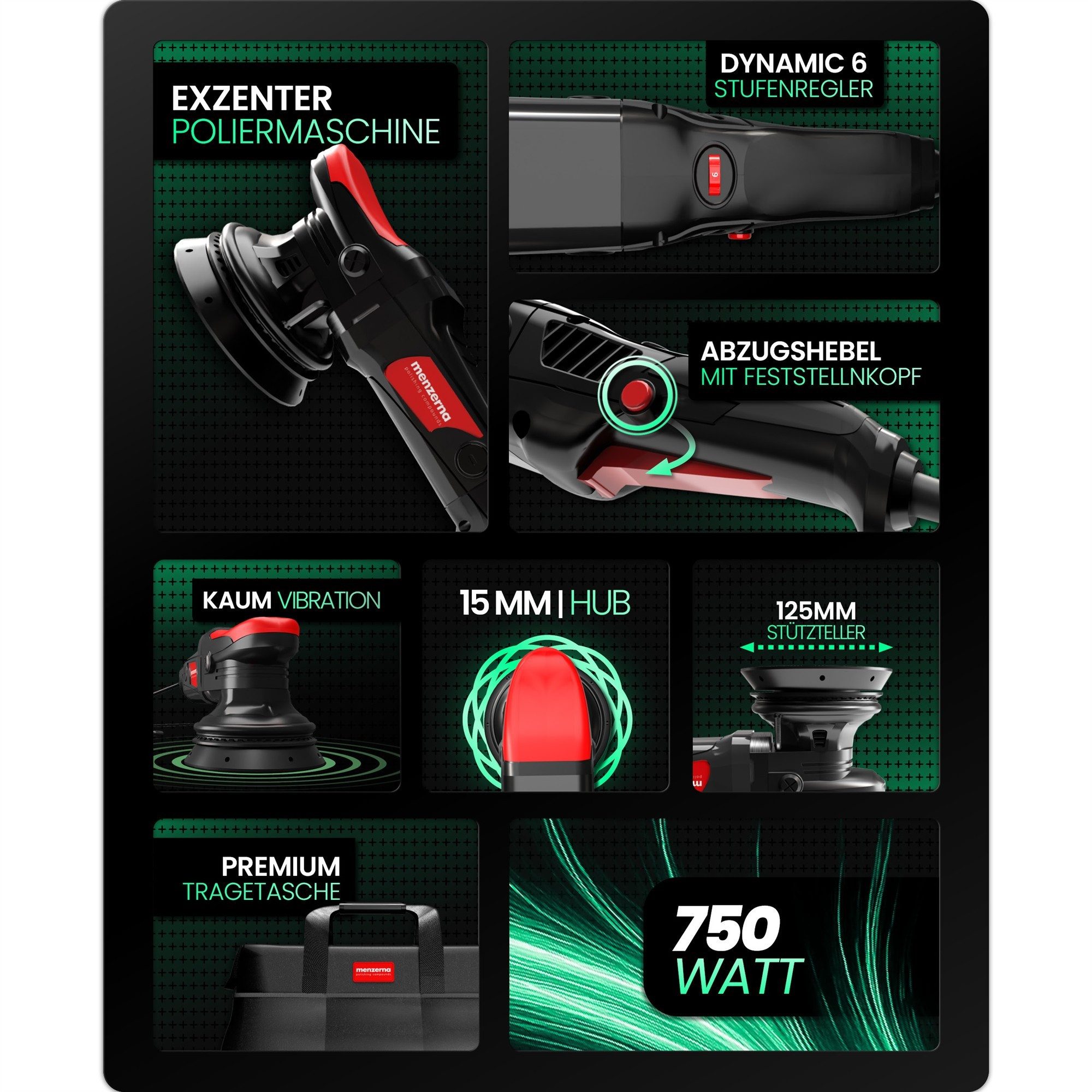 menzerna Exzenter Poliermaschine Autopoliermaschinen Set MZ-XR Premium, Ø 125 mm, mit Heavy Cut, Medium Cut, Super Finish Plus Politur