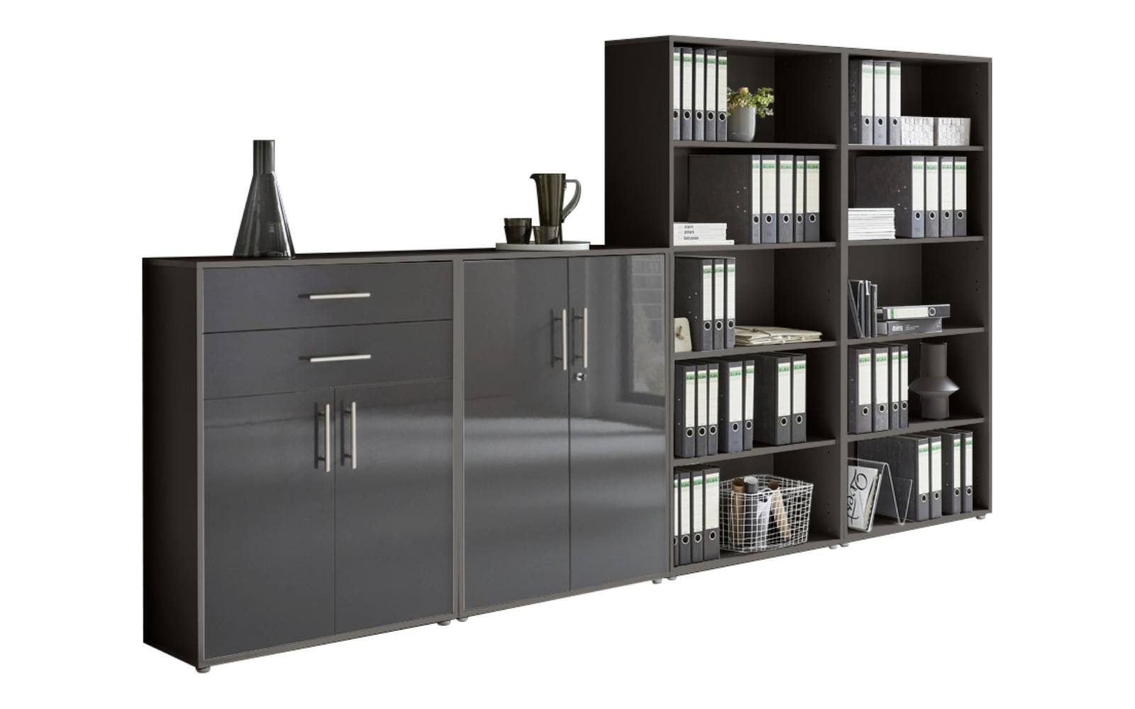 BMG Möbel Aktenschrank Office Edition (Schrankwand Set 21, 1x Schubladenschrank, 1x Aktenschrank, 2x Regal) 337,6 cm Breit, Metallbeschläge, Made in Germany