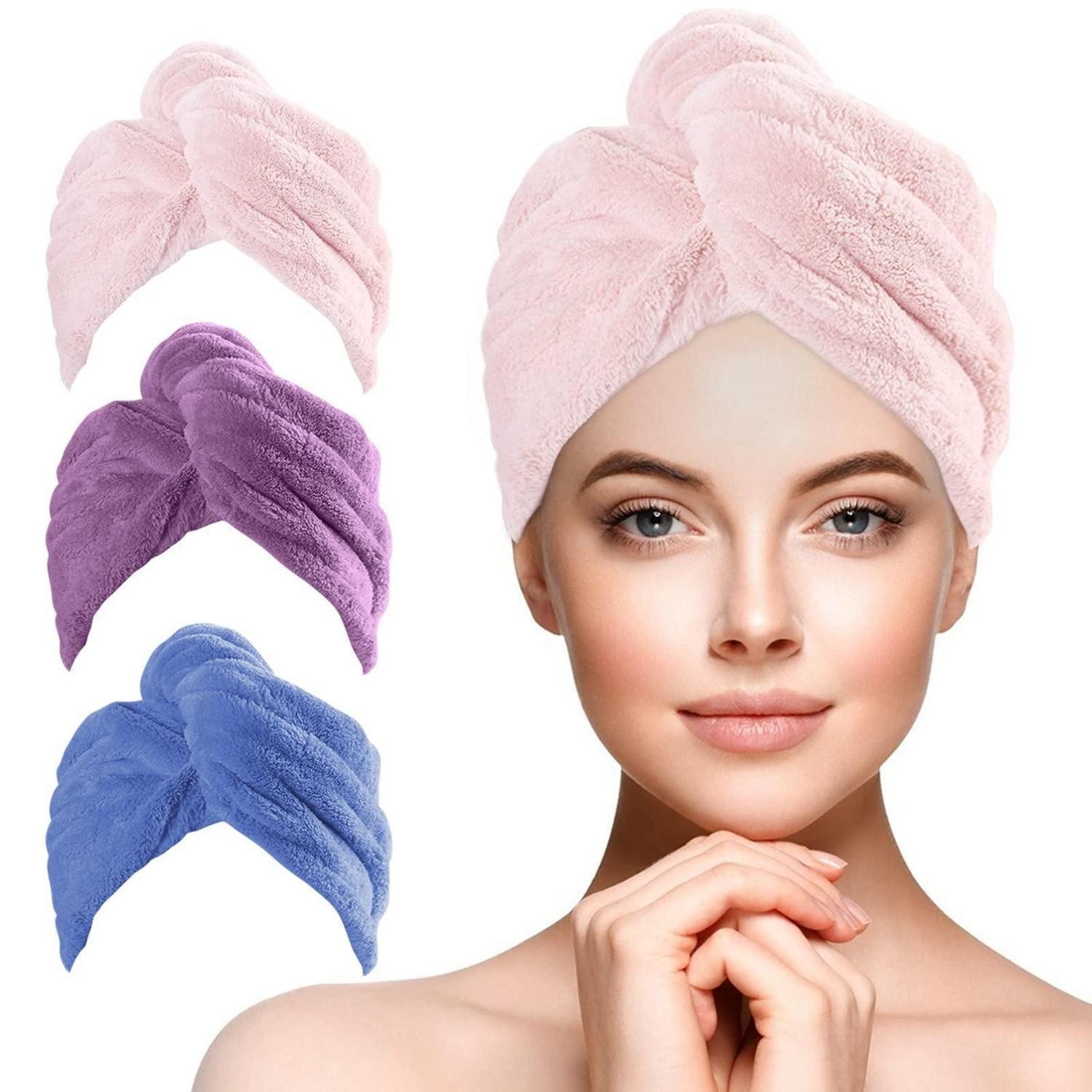 LuxusKollektion Turban-Handtuch Haarturban Mikrofaser Schnelltrocknend Twist Knopf, (3-St)