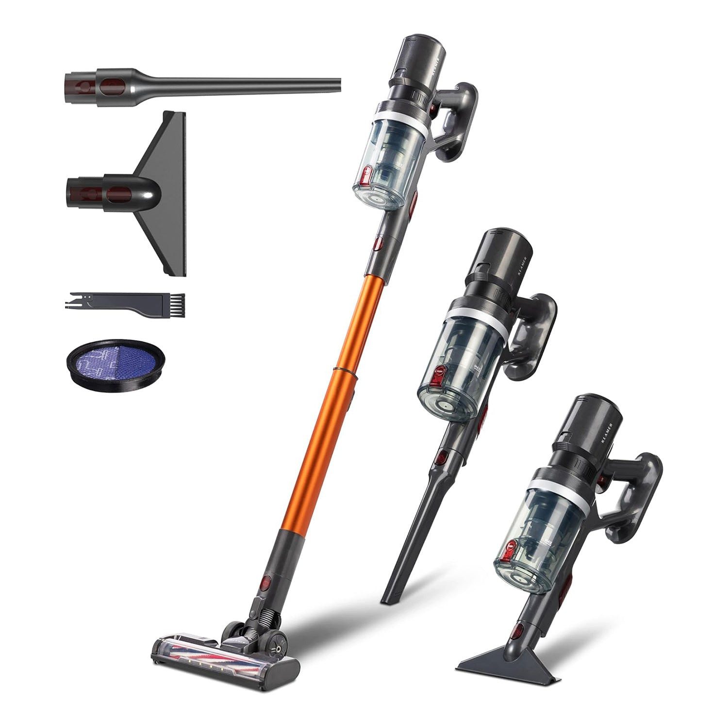 KLAMER Akku-Hand-und Stielstaubsauger 2-in-1 kabellos mit 60 Min Laufzeit, Handstaubsauger für Teppich, Har…, 460 W, beutellos, 2in1 Funktion, LED-Bodenkopfbeleuchtung, Wandhalterung, 3 Aufsätze