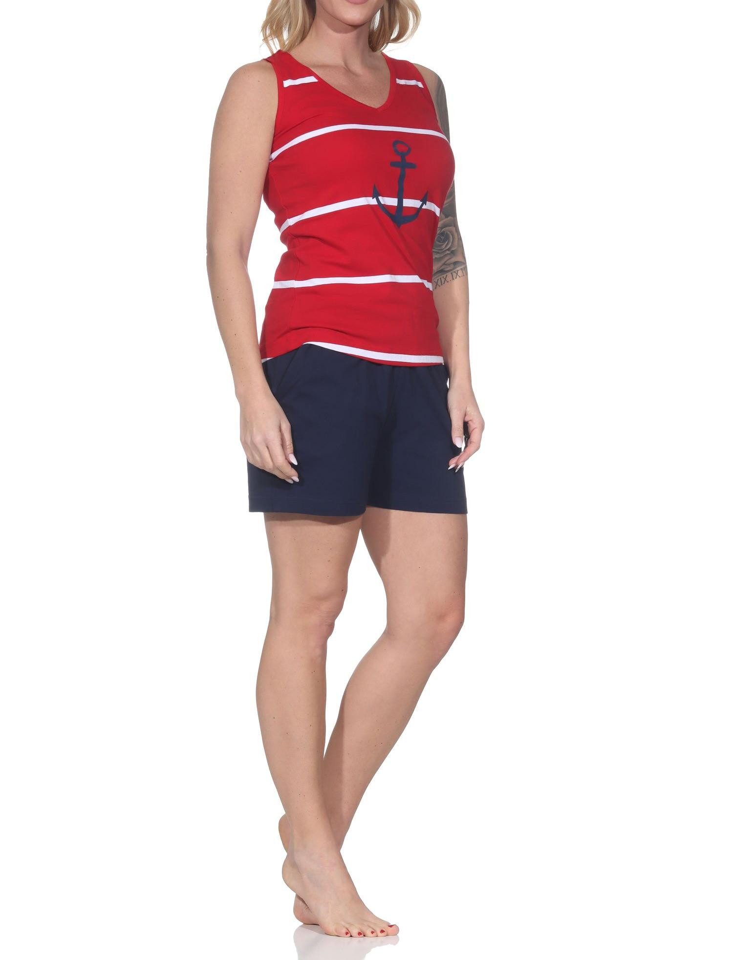 Normann Pyjama Maritimer ärmelloser Damen Shorty Schlafanzug mit Leuchturm Motiv