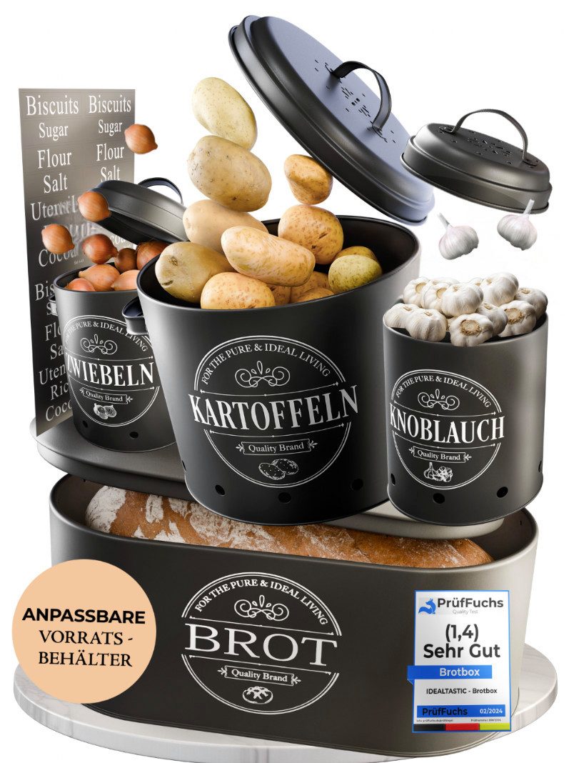 IDEALTASTIC Vorratsdose IDEALTASTIC® Premium Brotkasten Set (4er), Kartoffel, Zwiebel, Stahl, (1x Brotkasten, 1x Kartoffelbox, 1x Zwiebelbox, 1x Knoblauchbox), Design, 360 Grad Belüftung, BPA-frei, robust & lebensmittelecht