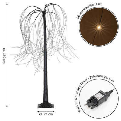 Nipach LED Baum Weidenbaum Trauerweide Deko-Baum 96 LED warm weiß schwarz 150 cm Timer, LED fest integriert, Warmweiß