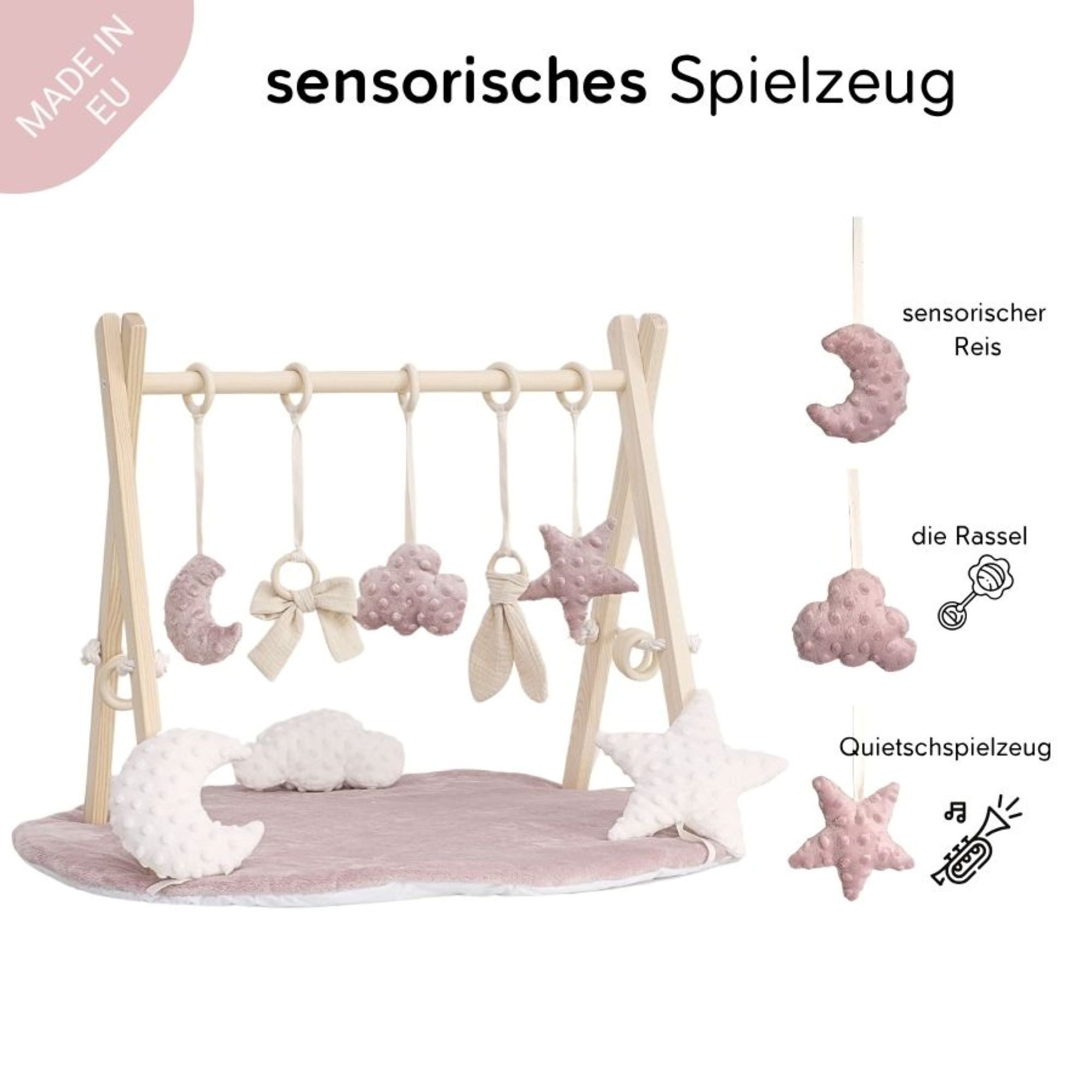 LuMali Baby Gym Holz Spielbogen klappbar 8 Spielzeuge Matte 41x58x49cm Naturholz, (5 Anhänger Spielmatte 78cm Baumwollschnüre Montageset), Spieltrapez Neugeborene sensorisch Spielmatte 78cm wendbar ab Geburt