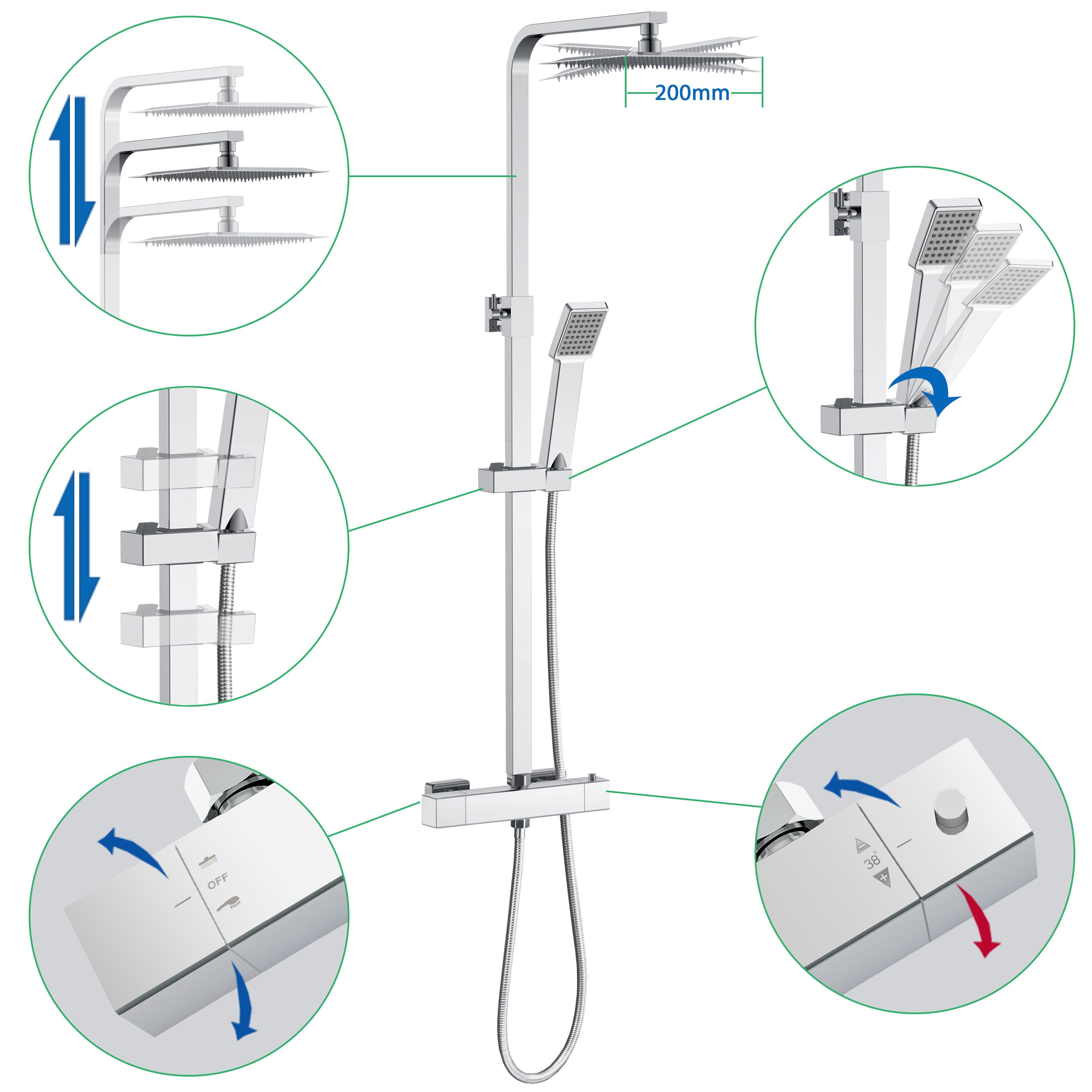 Aica Sanitär Duschsystem Thermostat Duscharmatur Regendusche Duschset mit Handbrause Massage, Set, Brauseschlauch mit Verdrehschutz – Bild 4 von 5