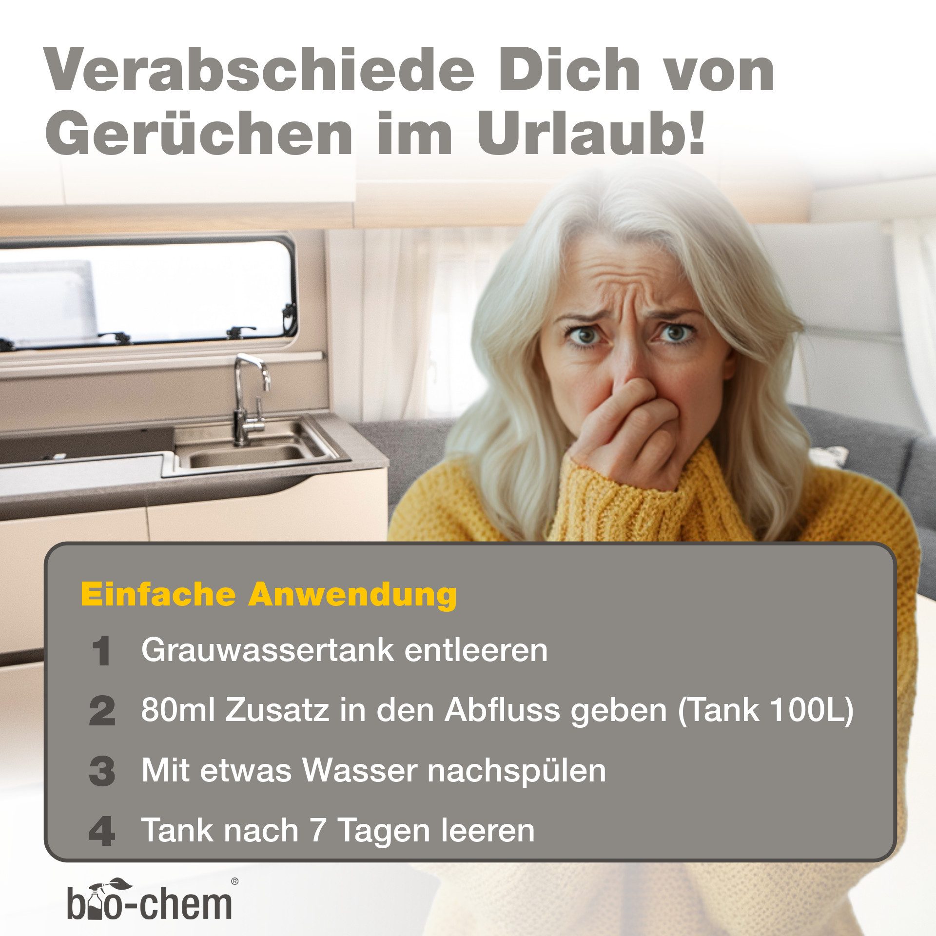 bio-chem bio-chem Grauwassertank-Zusatz 1L – Konzentrat gegen Gerüche Campingtoilettenreiniger (Grauwasser-Zusatz 2x 1 L)