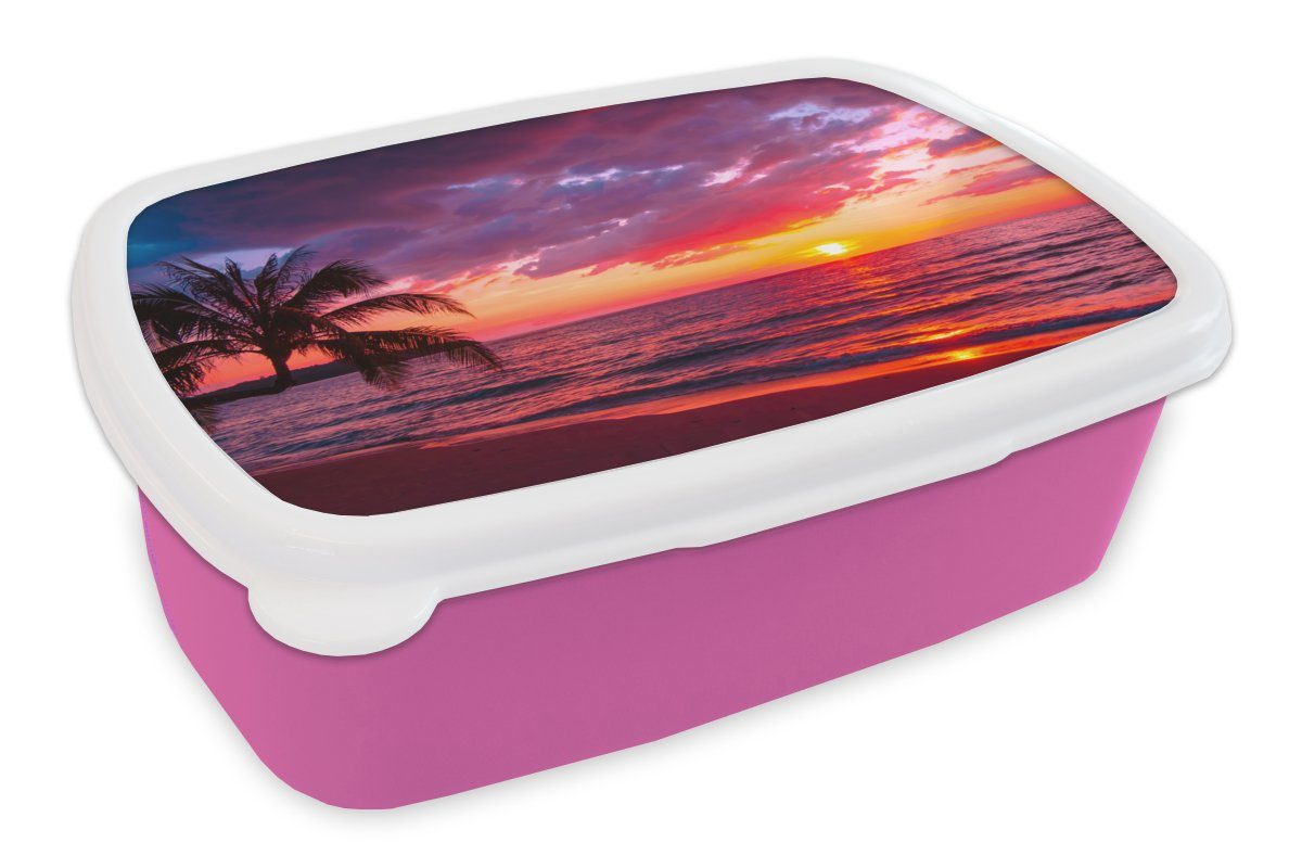 MuchoWow Lunchbox Sonne - Horizont - Rosa - Palme - Meer, Kunststoff, (2-tlg), Brotbox für Erwachsene, Brotdose Kinder, Snackbox, Mädchen, Kunststoff