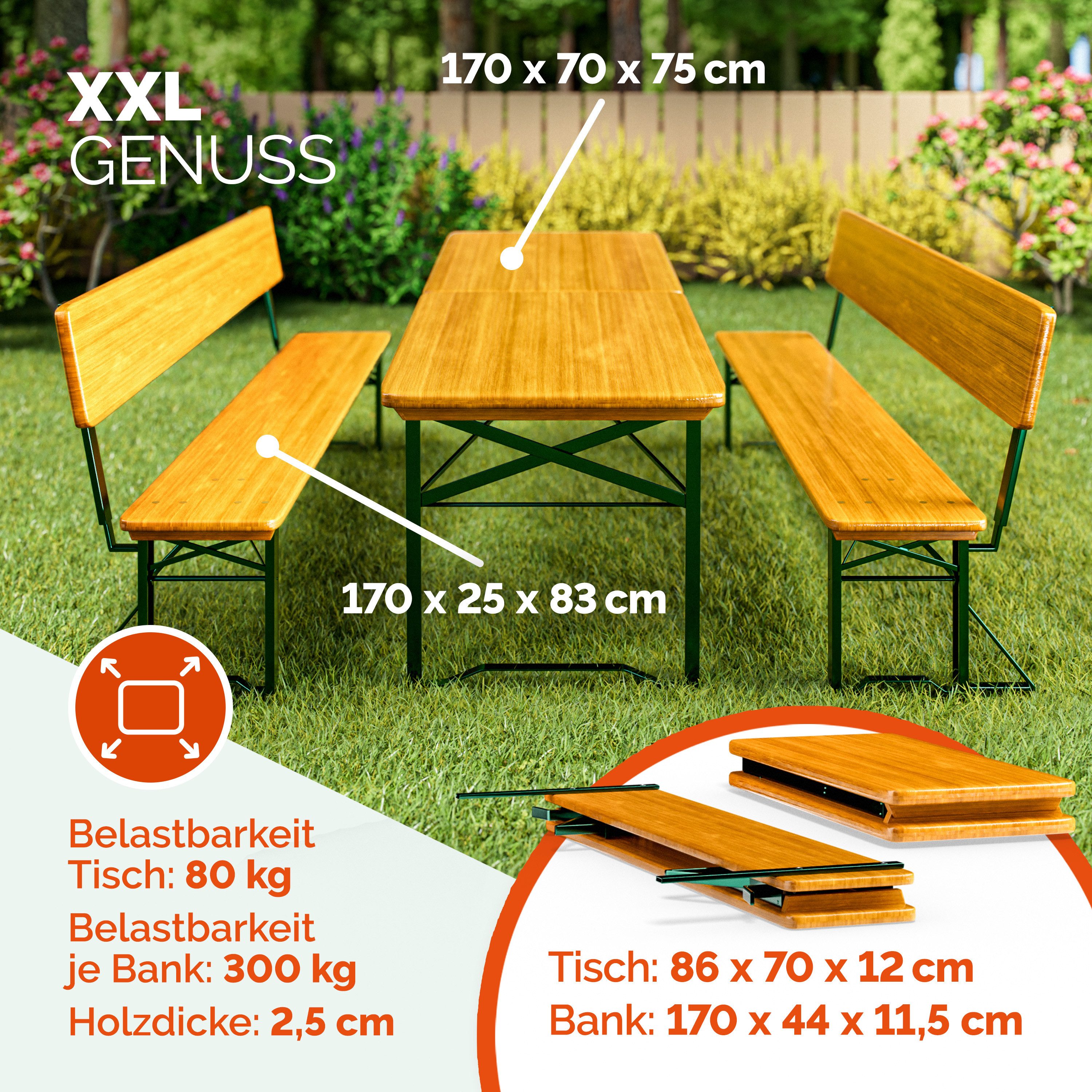 Casaria Bierzeltgarnitur, 4er Set mit Lehne 170 cm Klappbar Stabil 2x Bierbank 1x Tisch Holz