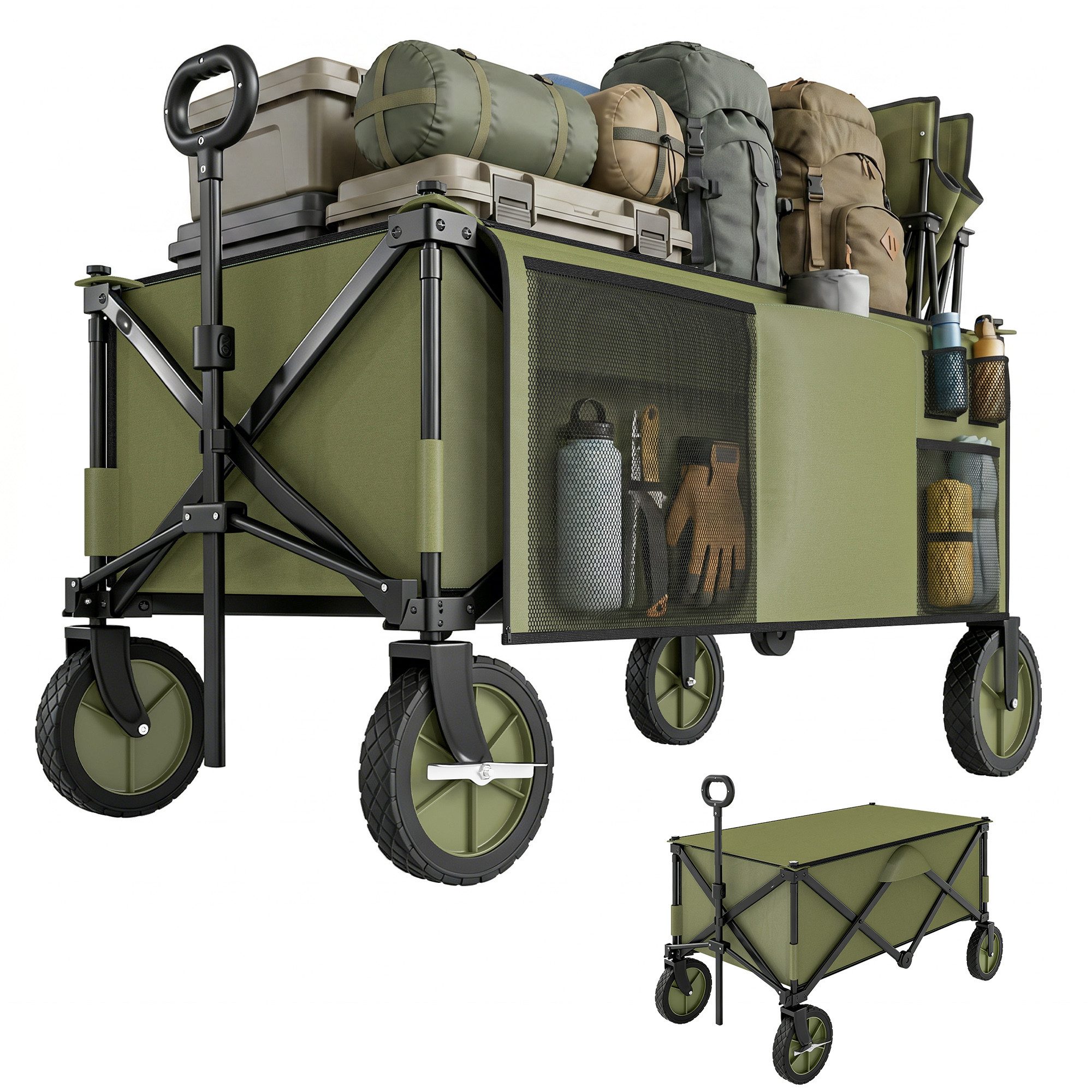 Outsunny Fahrradlastenanhänger Bollerwagen Faltbar, Handwagen mit Räder und Bremsen, Tragetasche, für Garten, Balkon, Grün