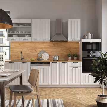 Livinity® Küchenzeile Fame-Line, Weiß Landhaus/Weiß, 300 cm mit Hochschrank, AP Anthrazit