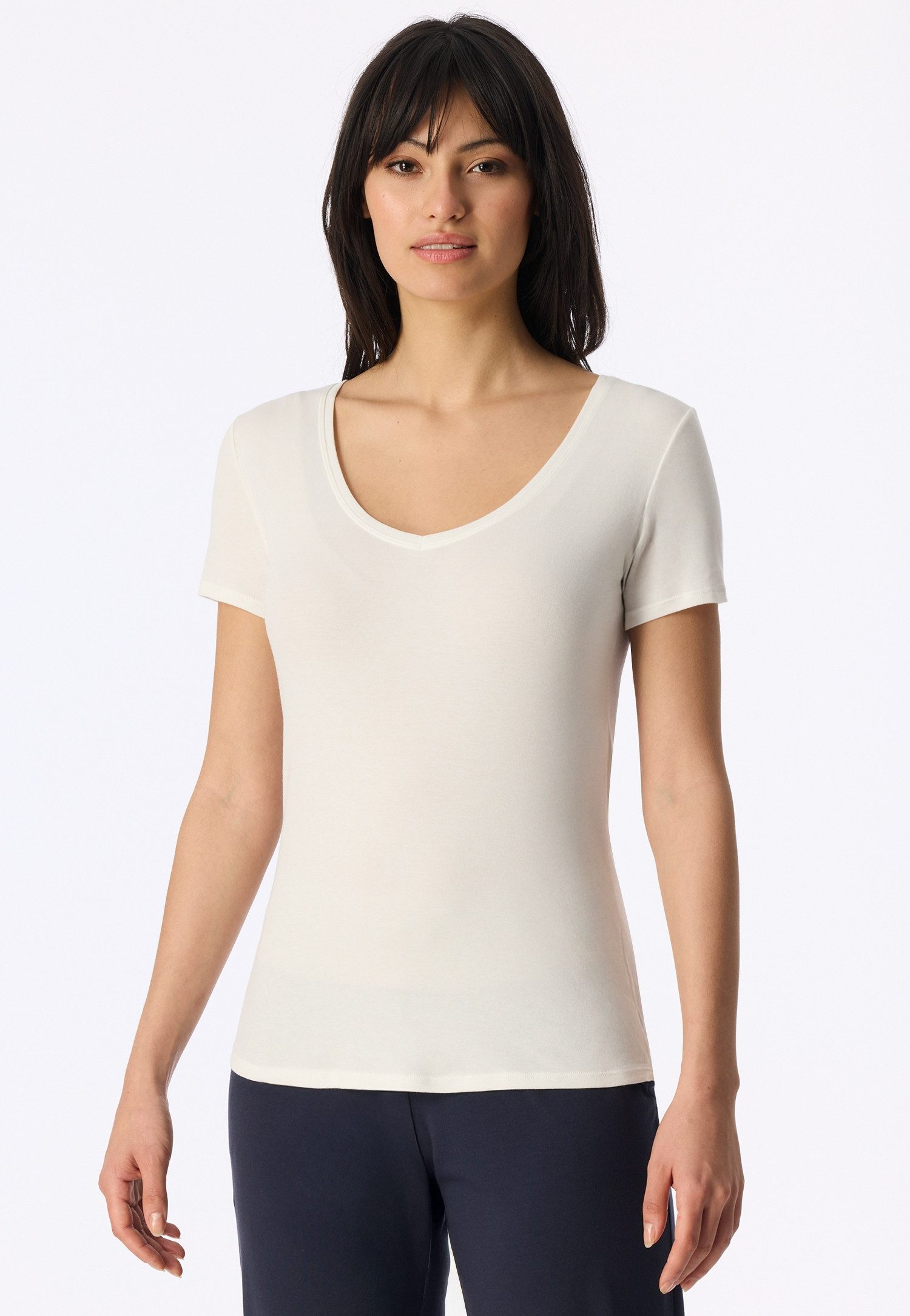 Schiesser T-Shirt Naturschönheit mit V-Ausschnitt, kurzem Arm, Feinripp-Qualität