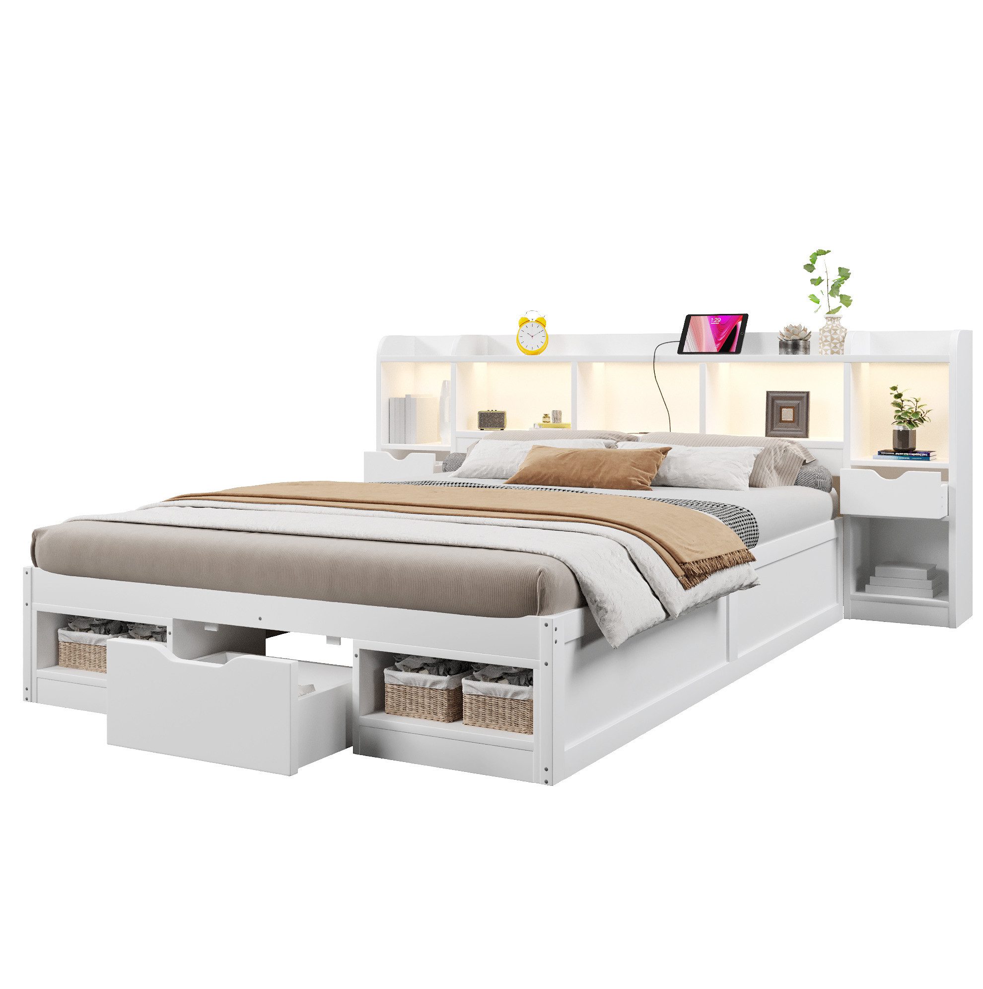 REDOM Stauraumbett 140x200 cm Plattformbettgestell Weiß mit modernem Stauraum (Packung, 2-tlg., 3 Schubladen mehrere Fächer mit Matratze für Wohnbereich), Bett mit Kopfteil Fußteil LED Leiste und USB Port Funktion