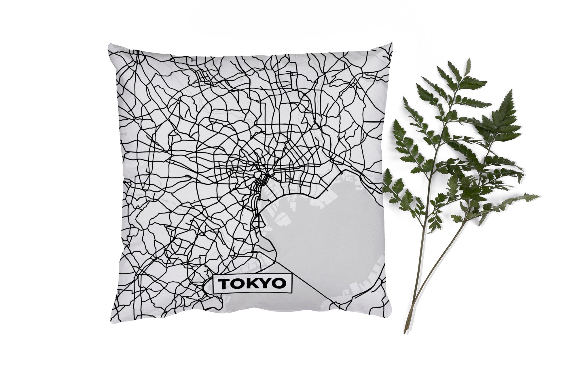 MuchoWow Dekokissen Karte - Tokio - Stadtplan - Schwarz und weiß - Karte, Zierkissen mit Füllung für Wohzimmer, Schlafzimmer, Deko, Sofakissen