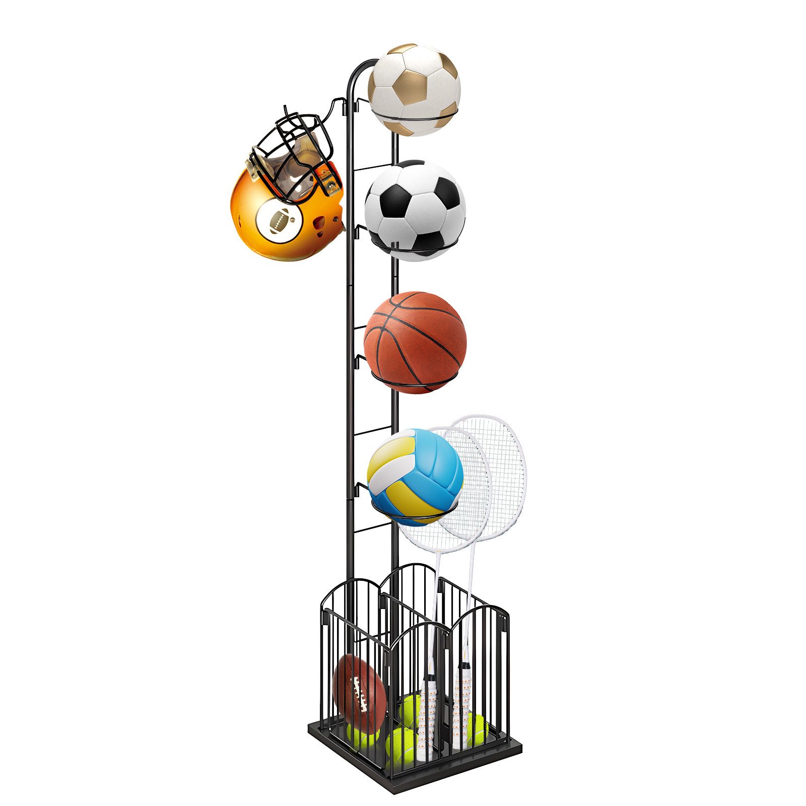 JEOBEST Sportgeräte-Regalwagen Basketball Aufbewahrungsregal, langlebig, with 4 Ball Ständer Und Körben